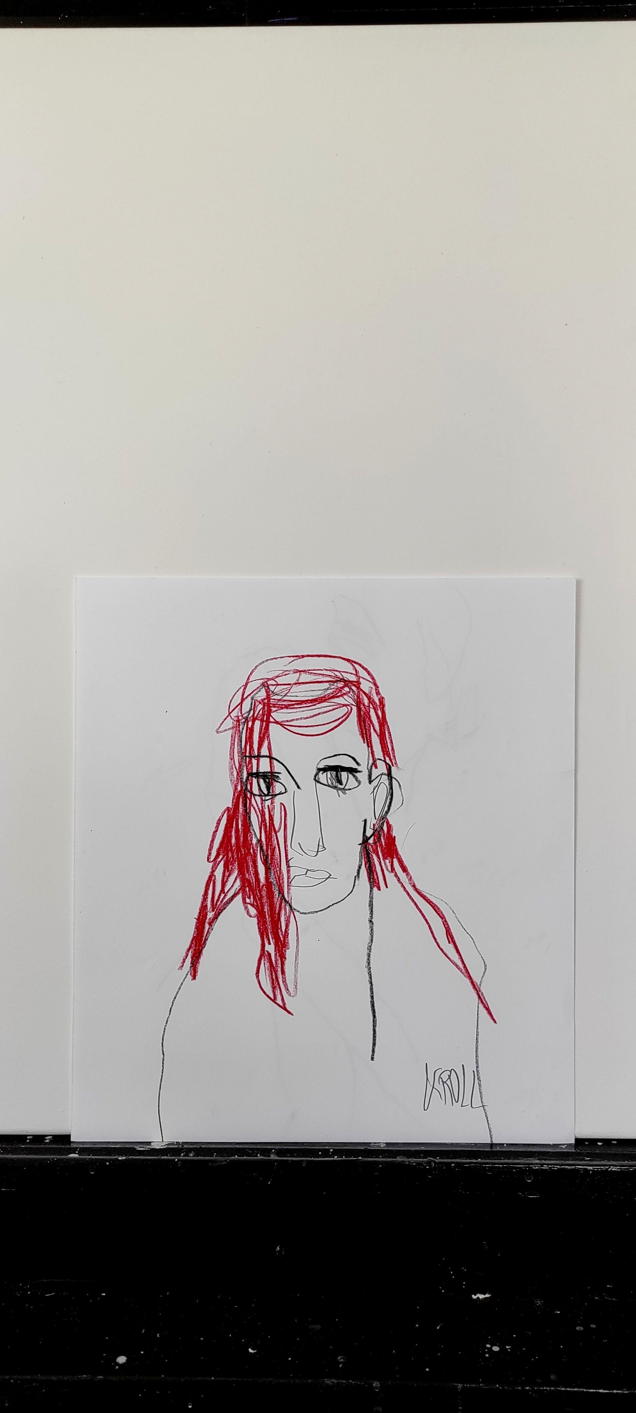 Portrait with red hair, Drawing, Pencil/Colored Pencil on Paper - Expressionist Art by Barbara Kroll