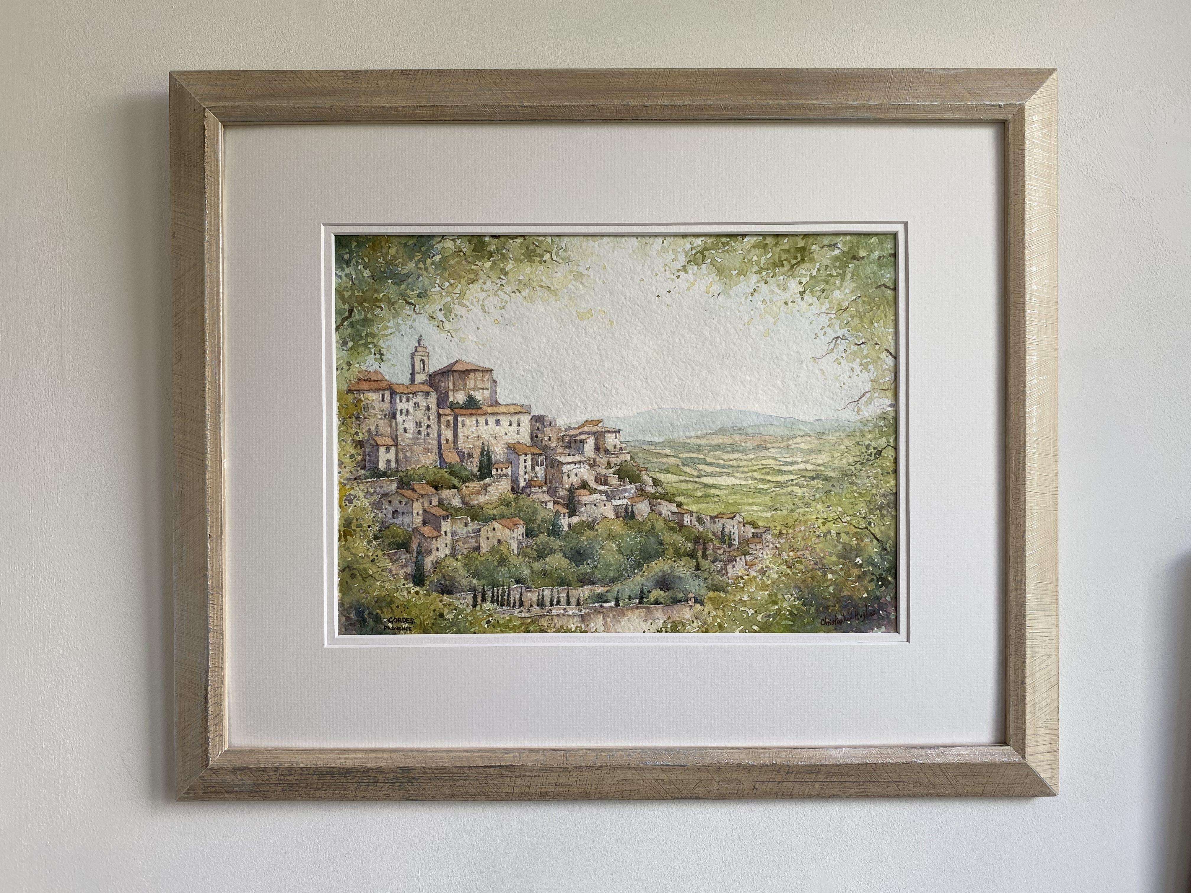 Gordes. Provence. France . Superbe village français situé au sommet d'une colline.  Aquarelle originale sur papier 100% chiffon de 300lb fait à la main.  14 po x 10 po, présentée dans un double montage blanc biseauté, prête à être encadrée. 20 po x