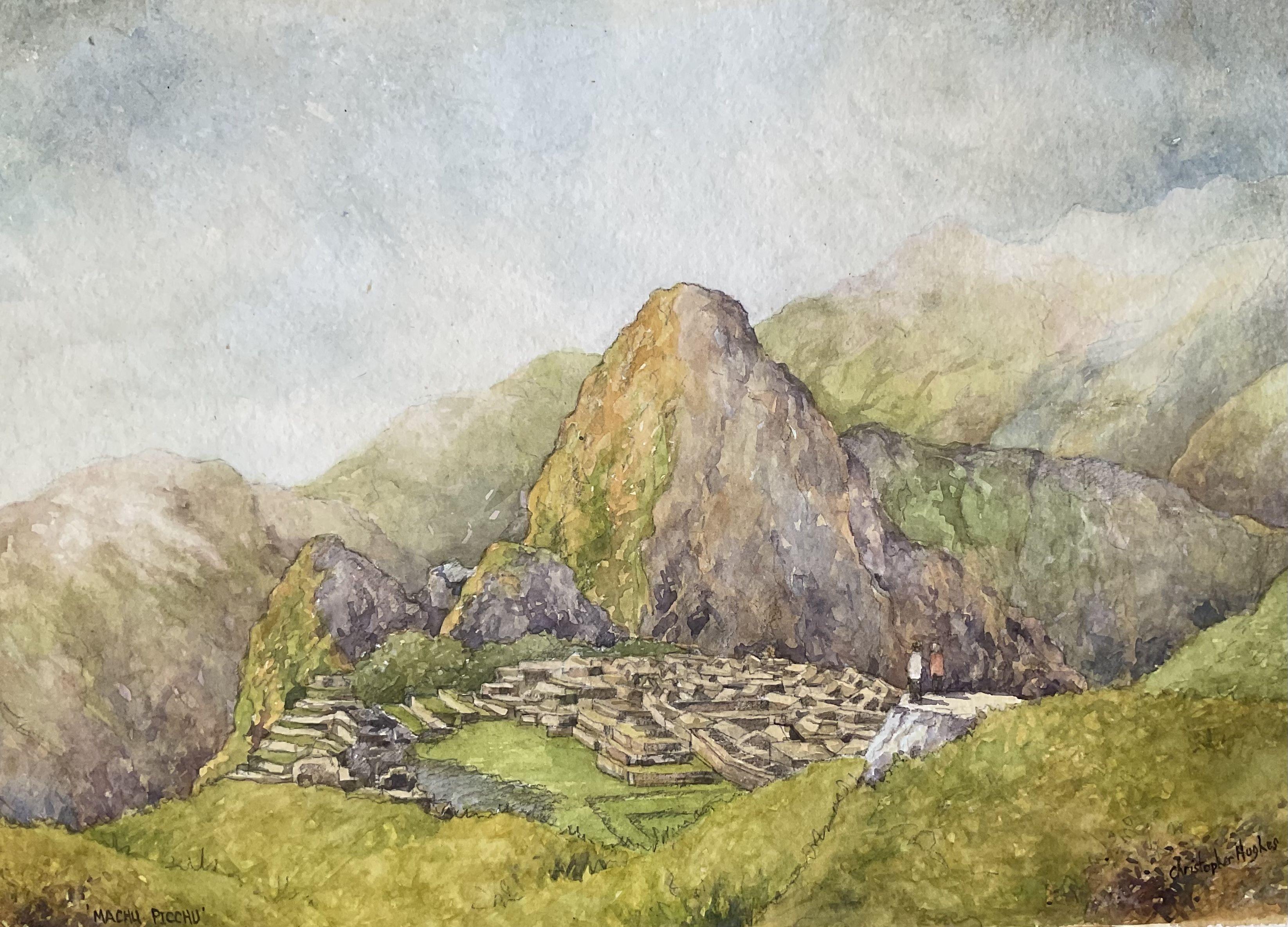 Peinture Machu Picchu, aquarelle sur papier aquarelle - Art de Christopher Hughes