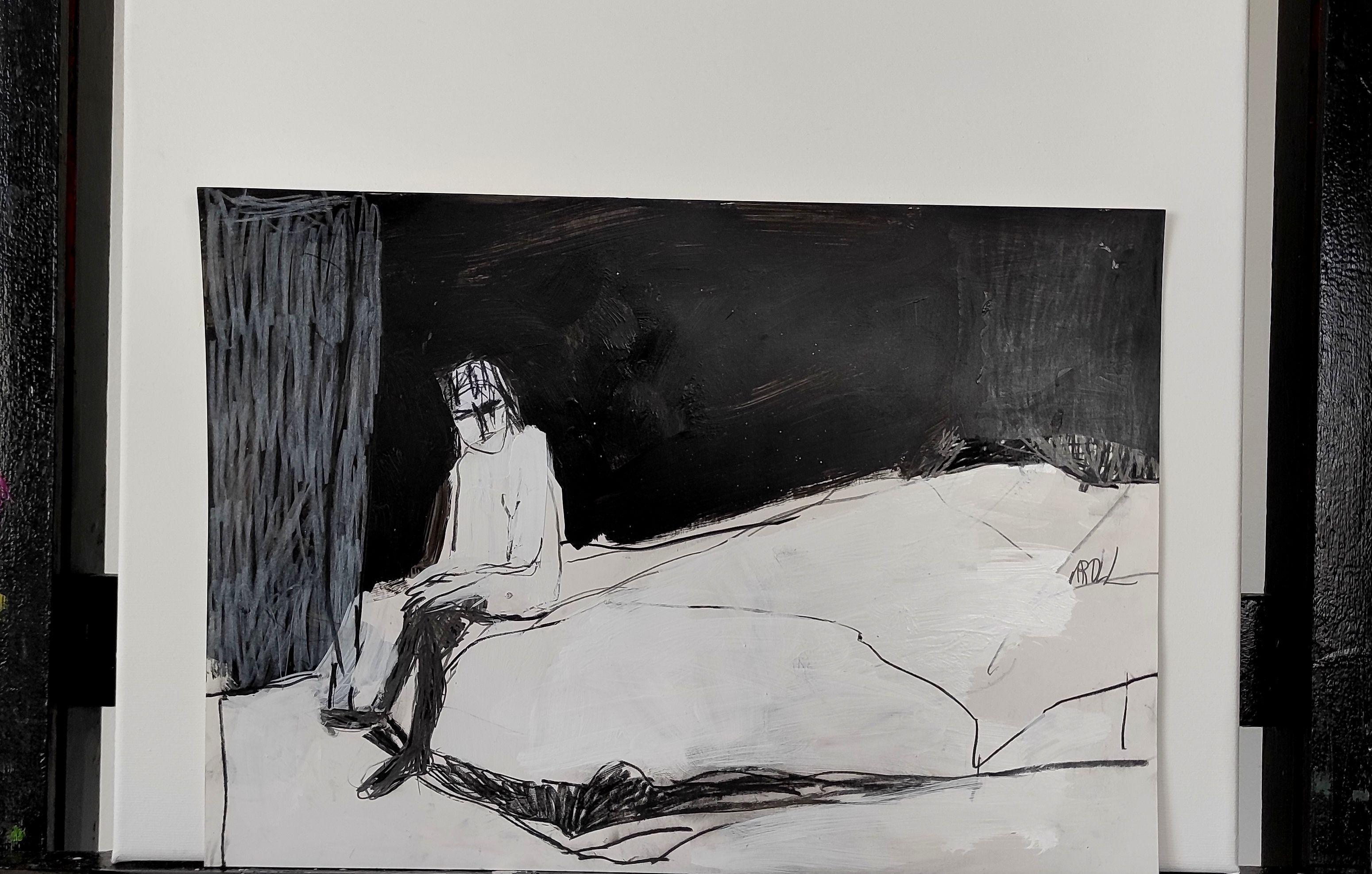 lone in the bedroom, Zeichnung, Bleistift/Farbstift auf Papier (Expressionismus), Art, von Barbara Kroll