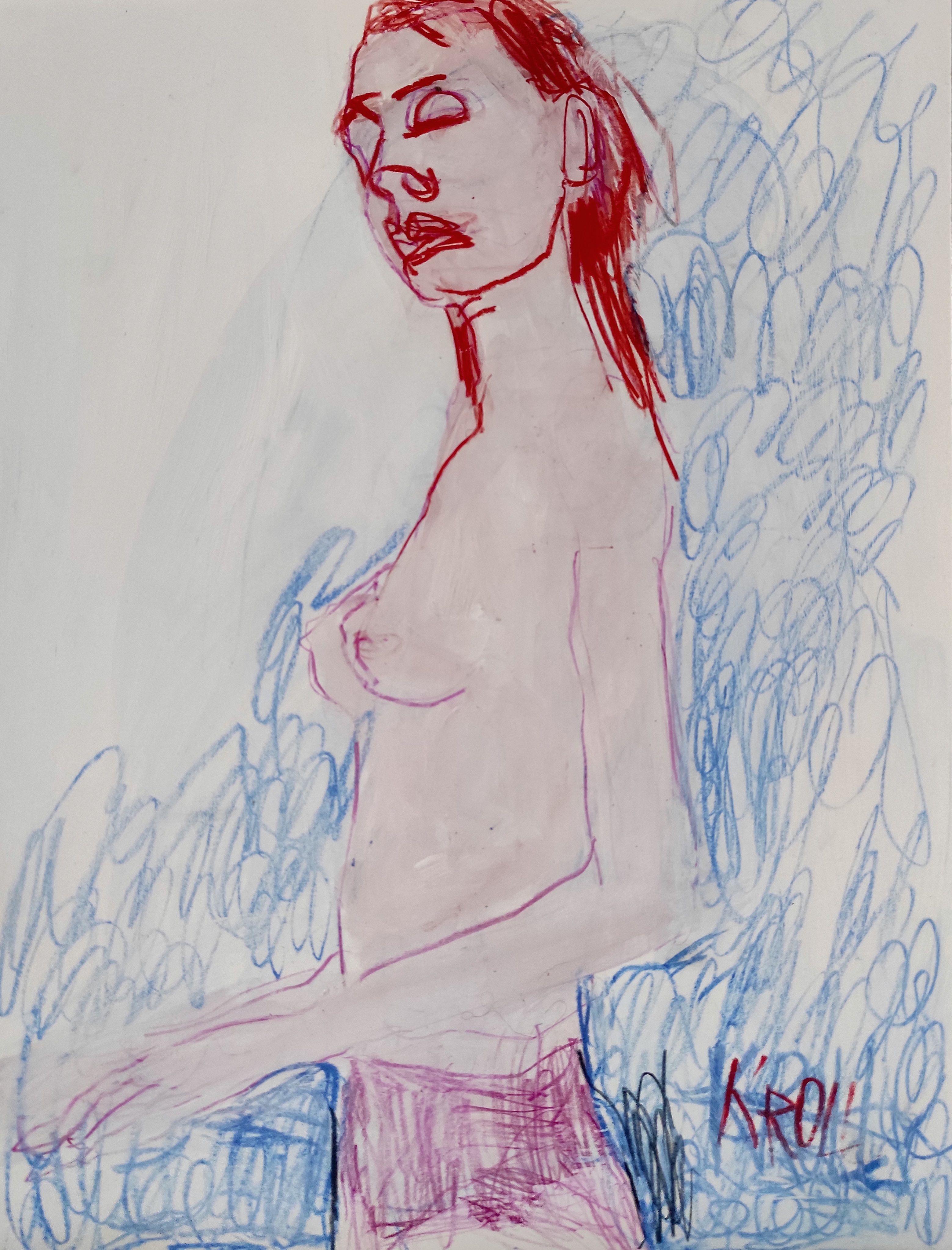 Femme debout semi-nue, dessin, crayon/crayon coloré sur papier - Art de Barbara Kroll