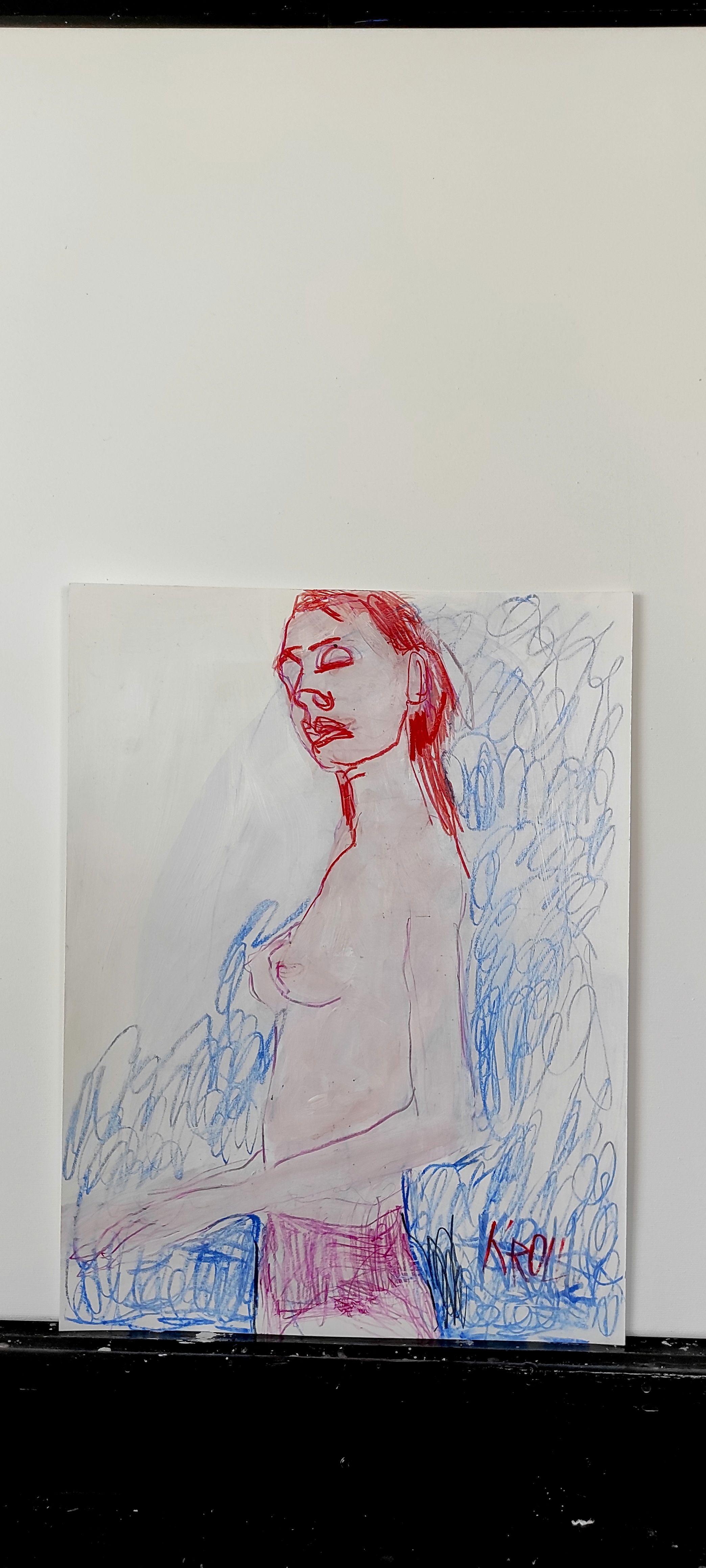 Standing female semi-nude, Drawing, Pencil/Colored Pencil on Paper - Expressionist Art by Barbara Kroll