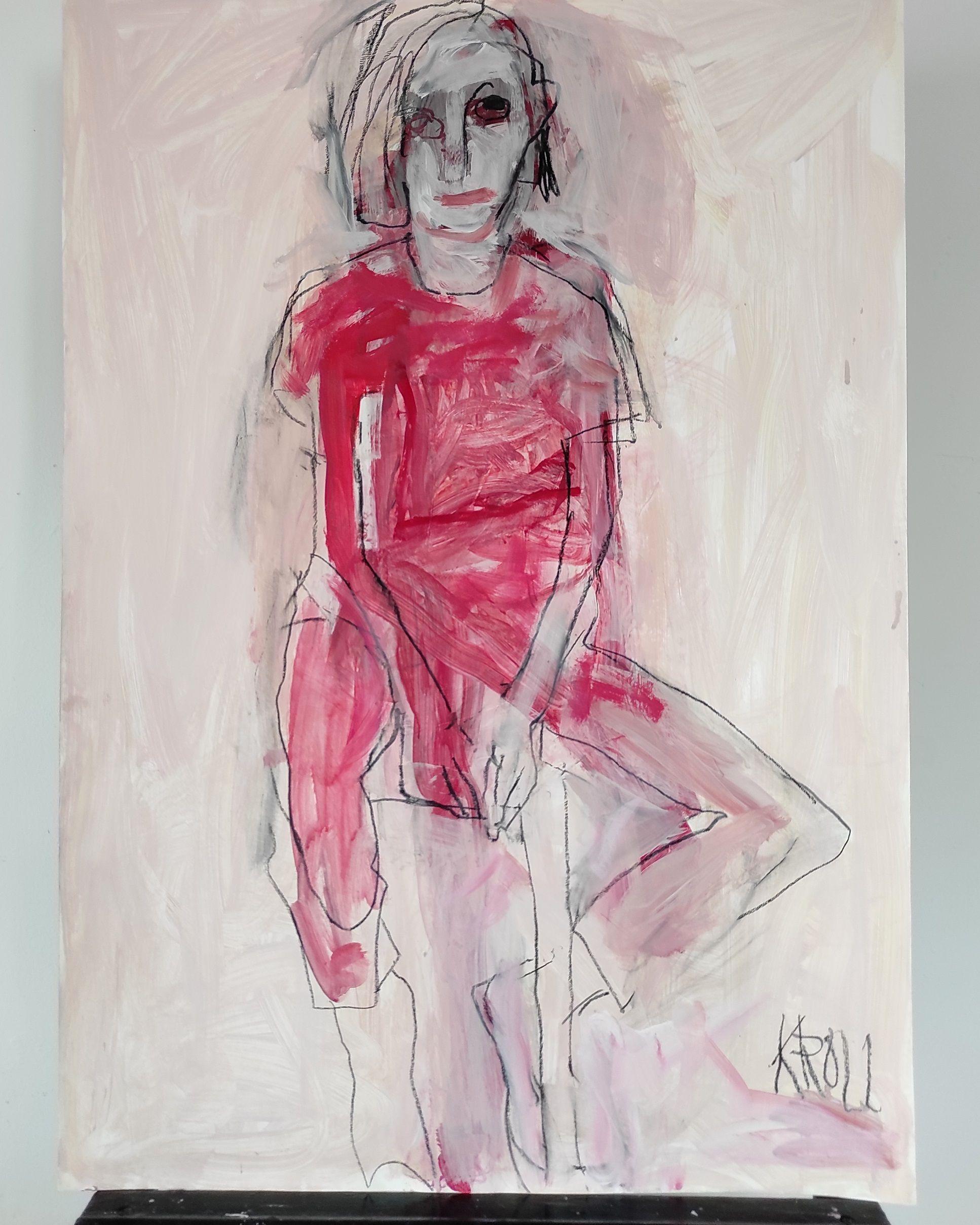 Femme assise en robe rouge, dessin, crayon/crayon coloré sur papier - Expressionniste Art par Barbara Kroll