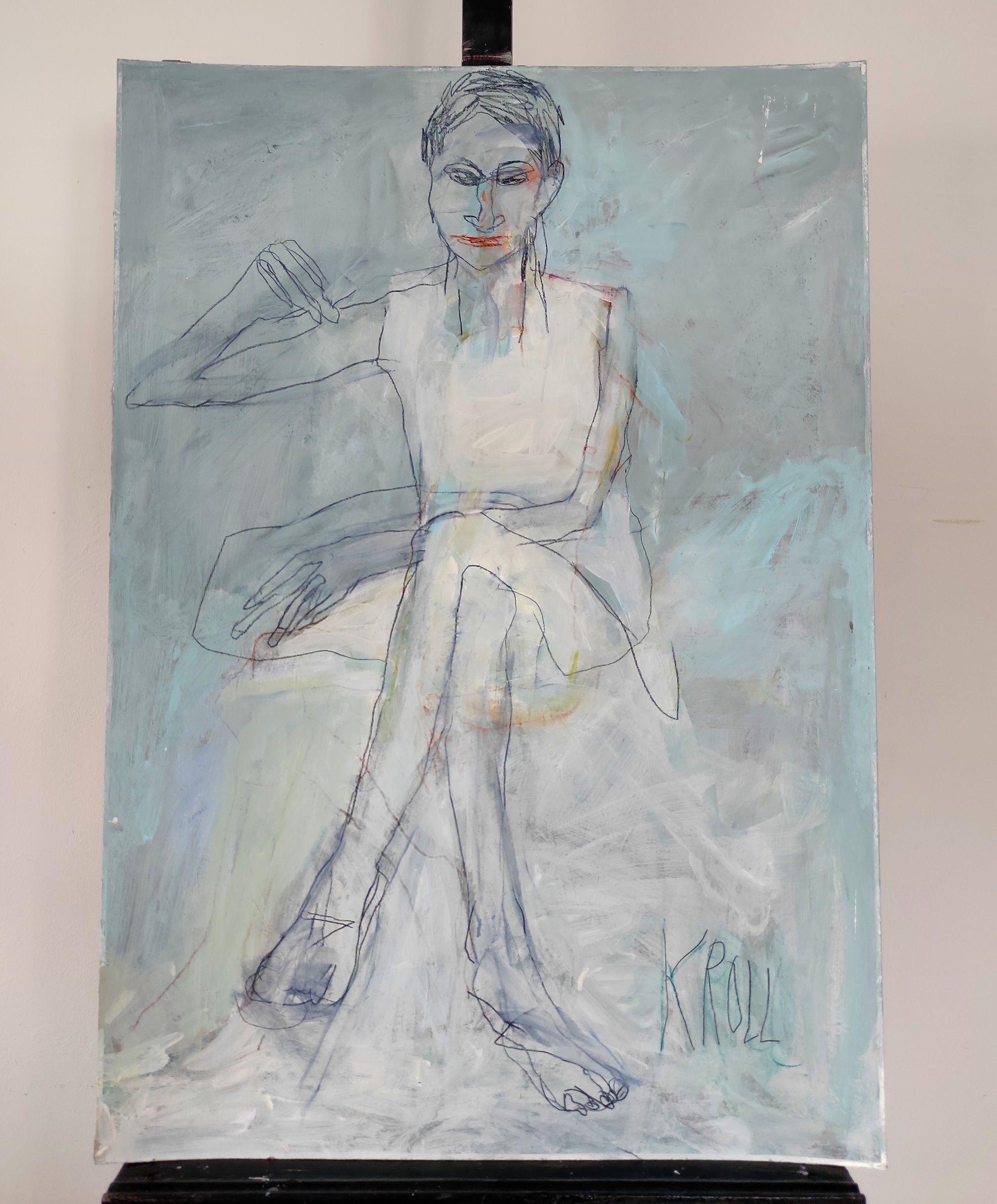 Sitzender Unbekannter, Zeichnung, Bleistift/Farbstift auf Papier (Expressionismus), Art, von Barbara Kroll