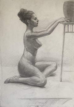 Lady und eine Vase, Zeichnung, Bleistift/Colorierter Bleistift auf Papier