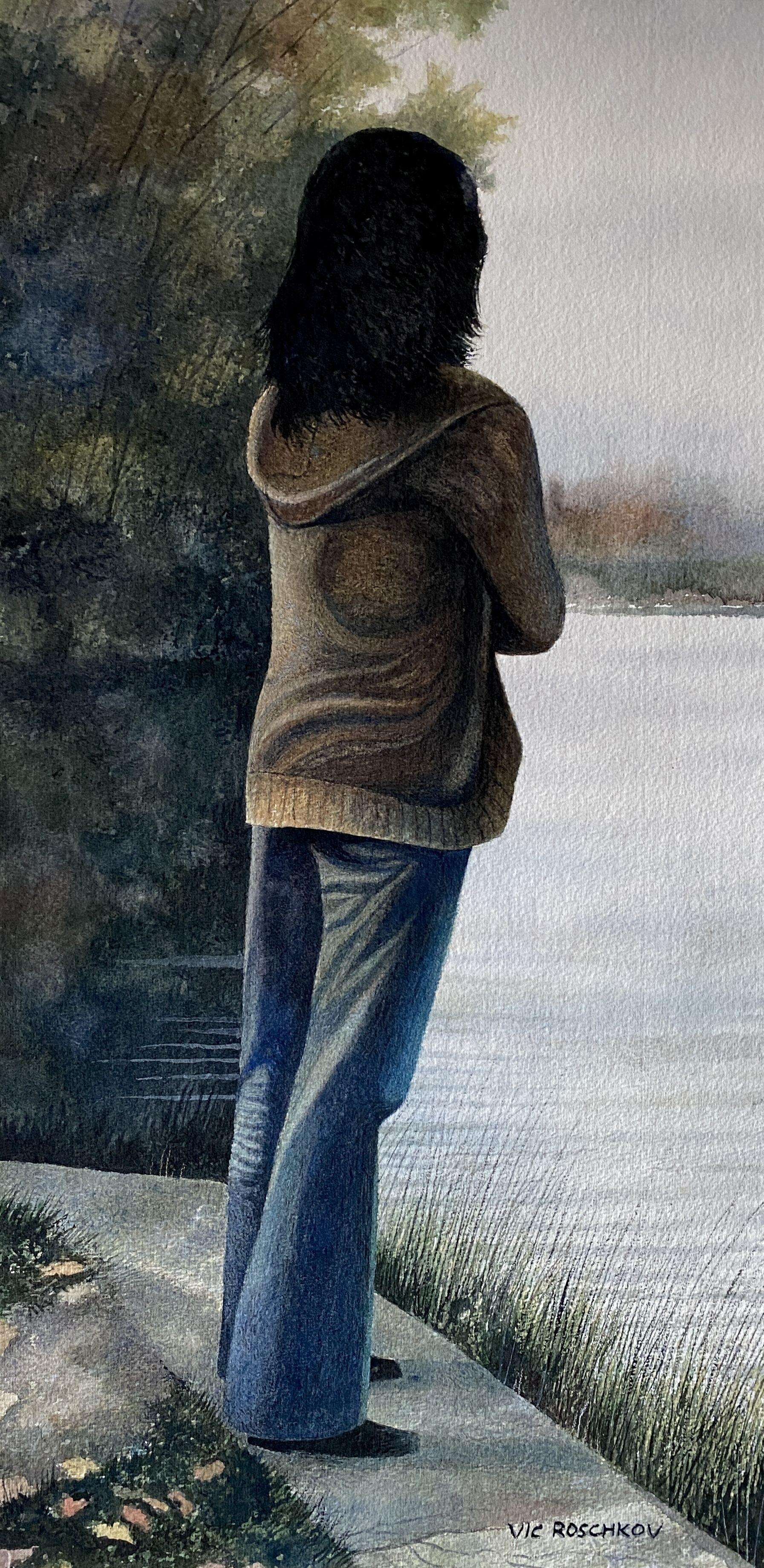 « Pondering Life », peinture, aquarelle sur papier aquarelle - Art de Victor Roschkov