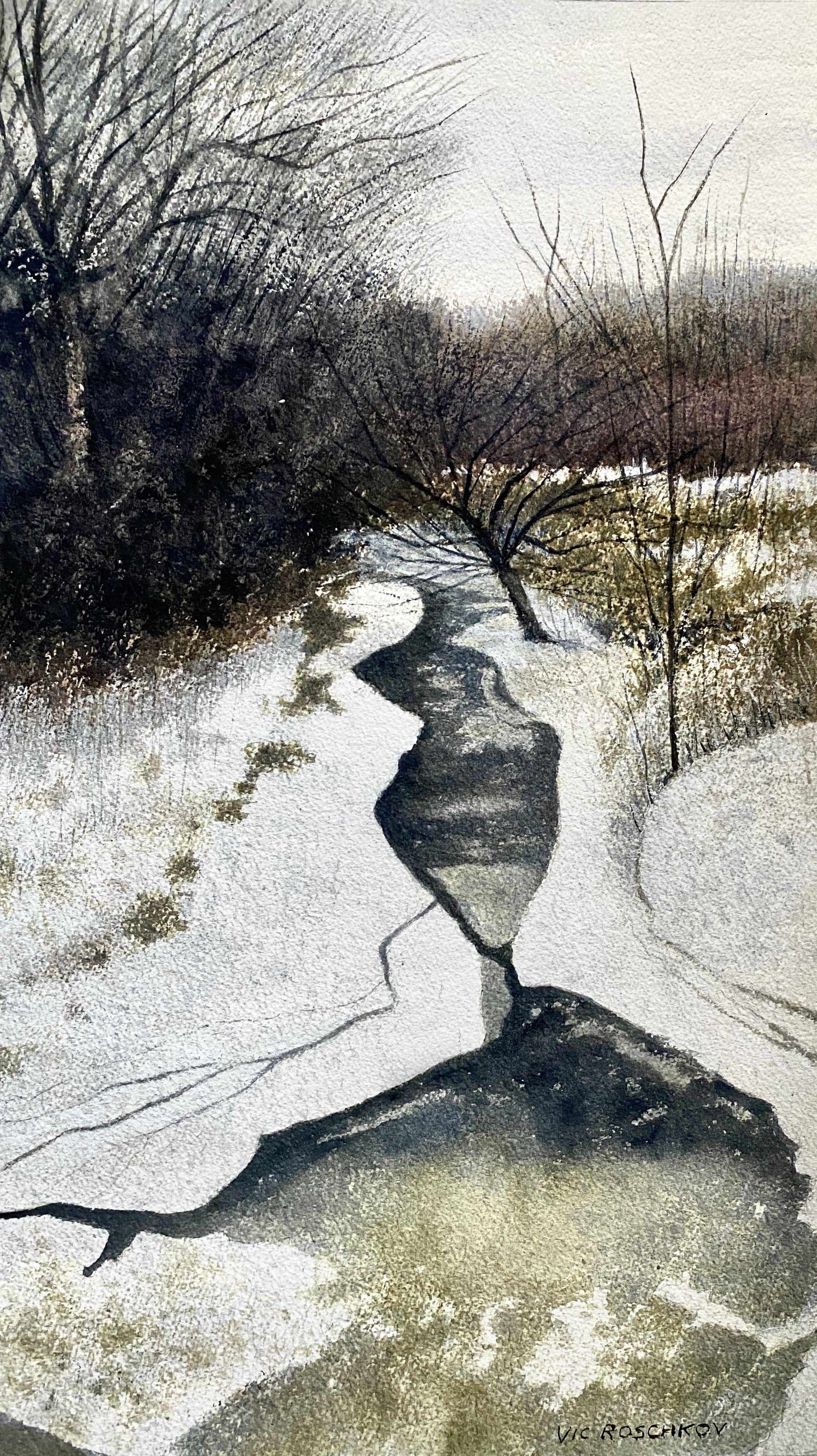 Silence of Winter, Painting, Watercolor on Watercolor Paper - Art by Victor Roschkov