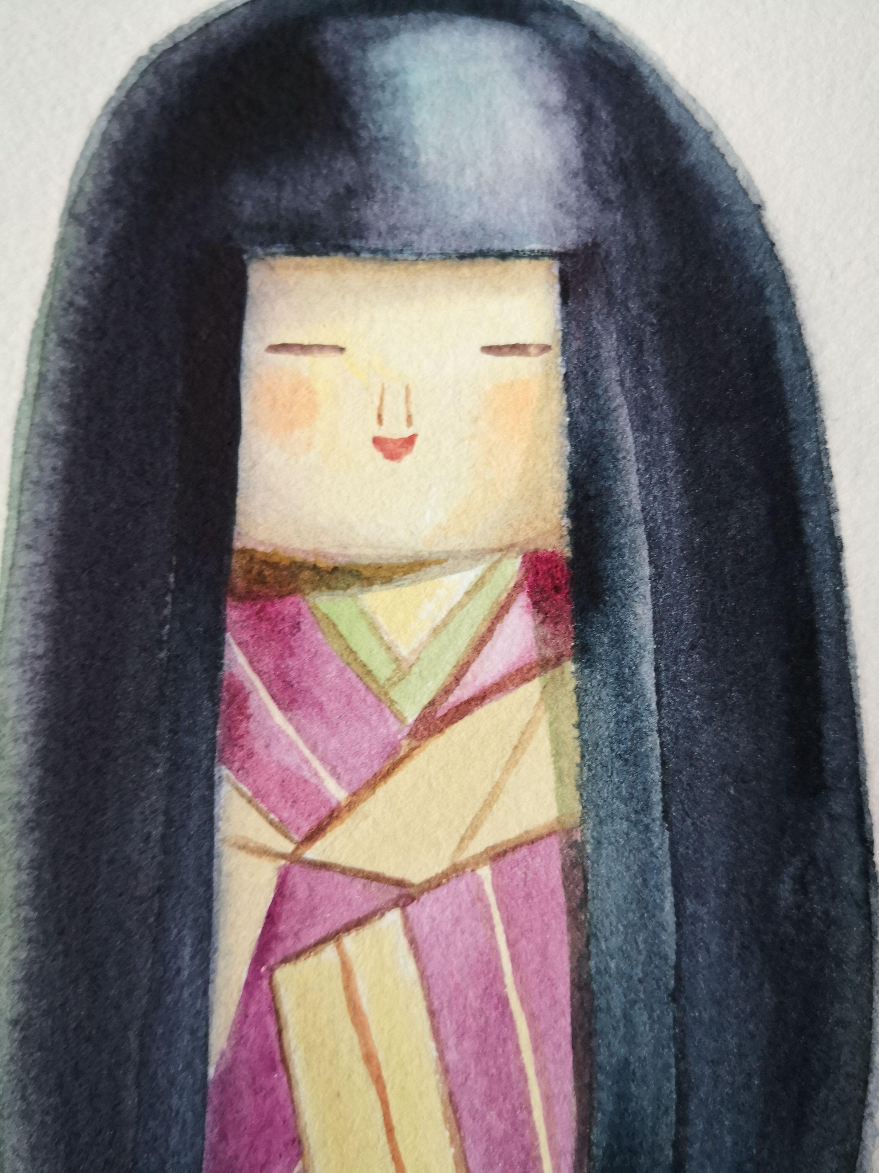 Watercolor work on archival quality paper 300 g/m depicting a traditional Japanese Kokeshi doll made of wood. Japanese craftmanship is the best. Belongs to a series of works on the world of childhood. :: Painting :: Contemporary :: This piece comes
