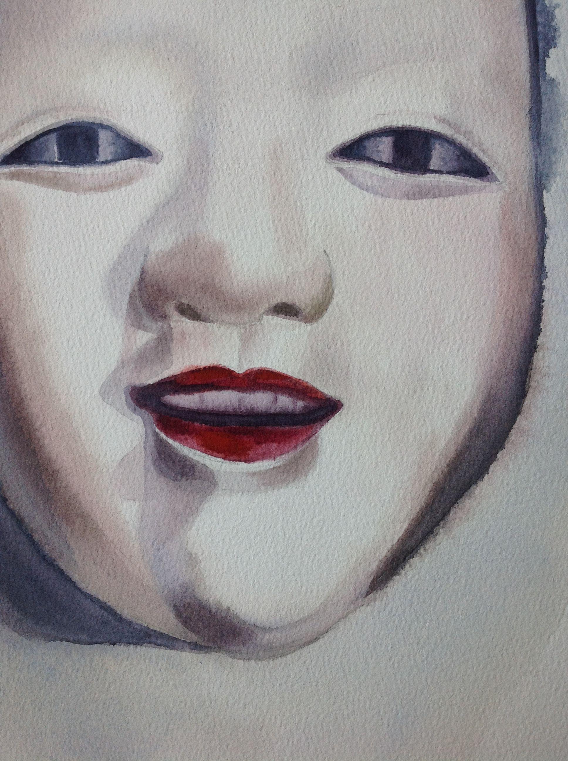 Noh Mask, Painting, Watercolor on Paper - Contemporary Art by Anyck Alvarez Kerloch