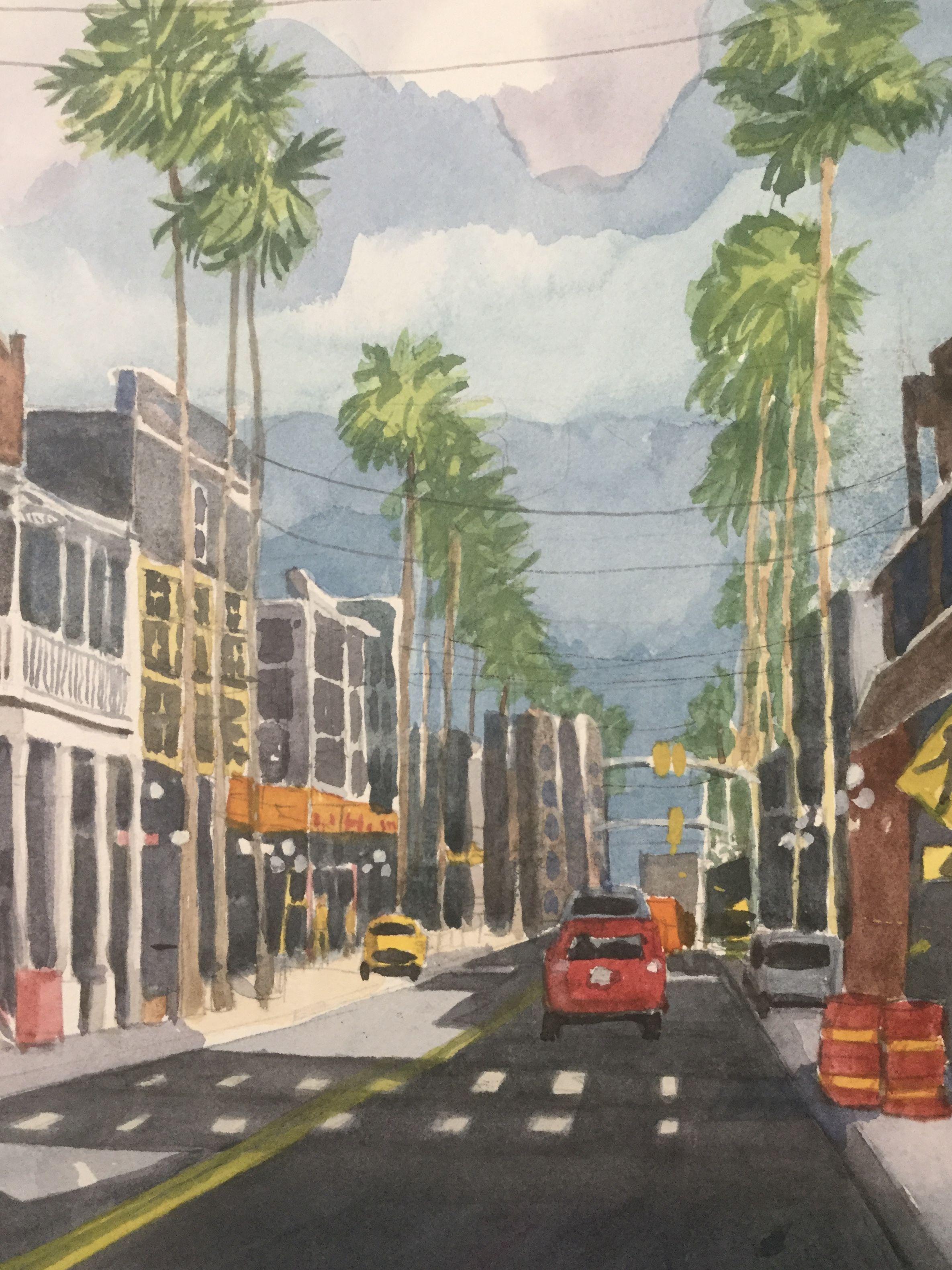 Sunday Morning 7th Ave. Ybor City, Tampa, Painting, Watercolor on Paper For Sale 1
