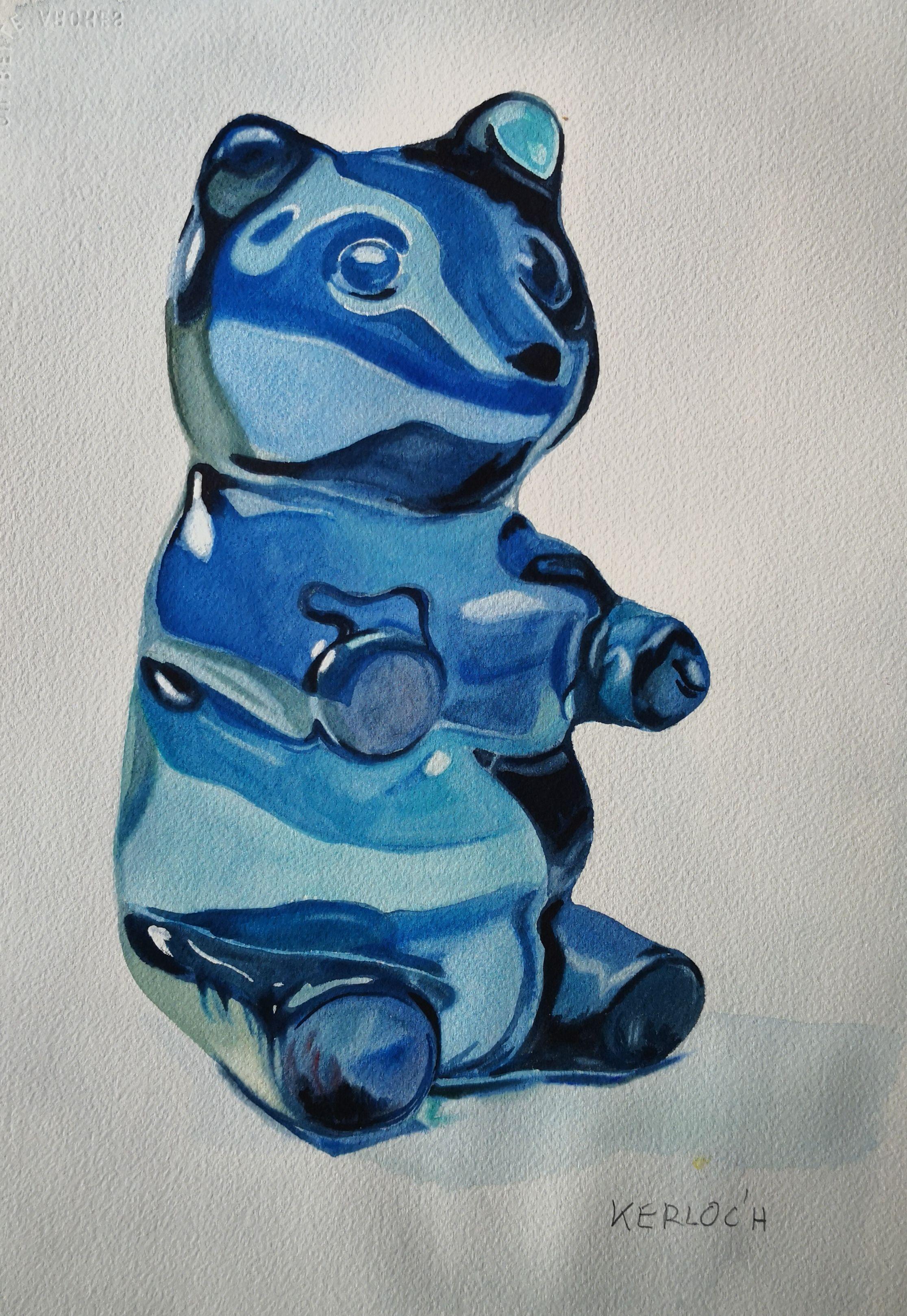 Blue Gummy Bear, Painting, Watercolor on Paper - Art by Anyck Alvarez Kerloch