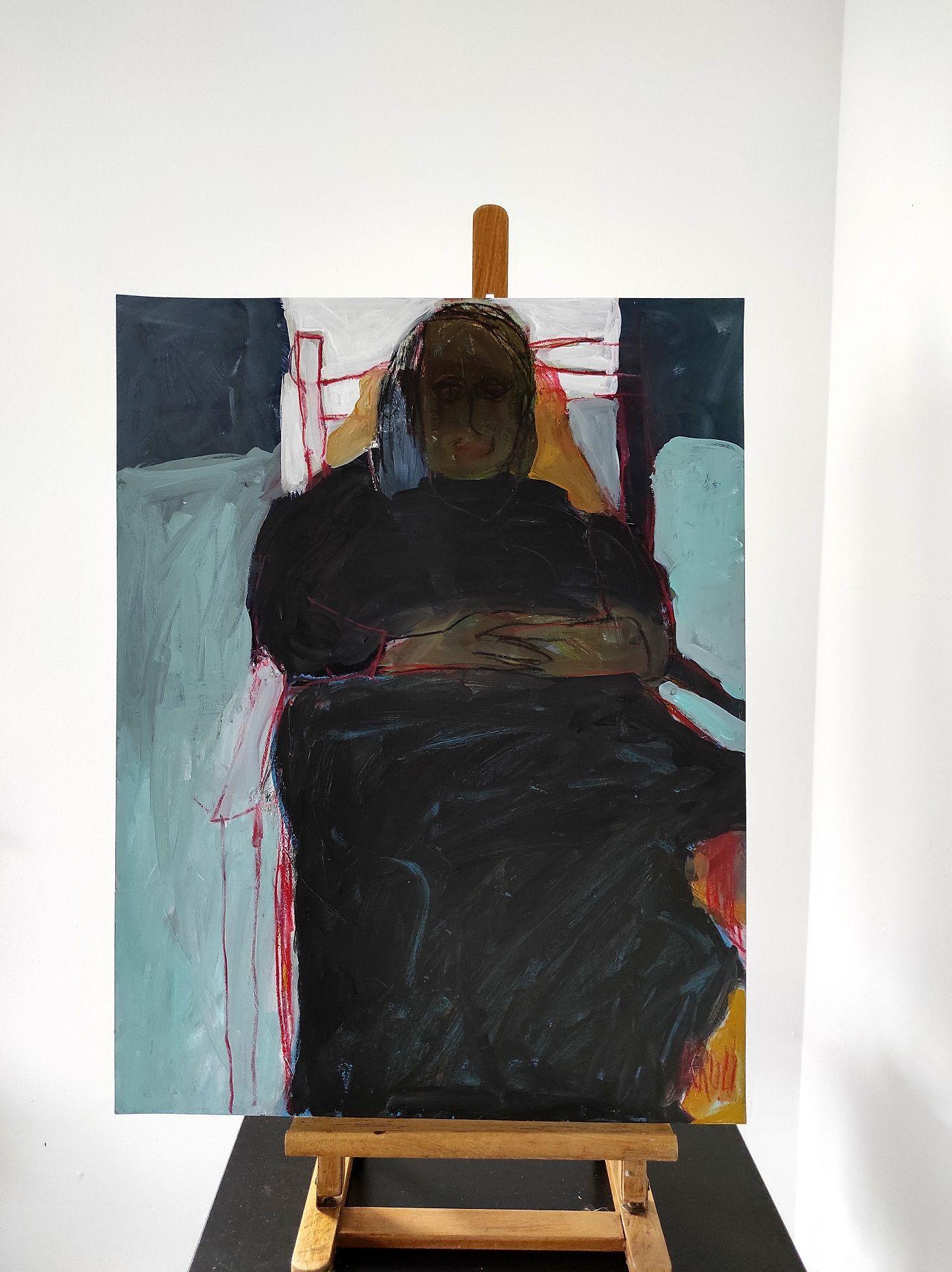 Frau auf dem Sessel, Zeichnung, Bleistift/Farbstift auf Papier (Expressionismus), Art, von Barbara Kroll