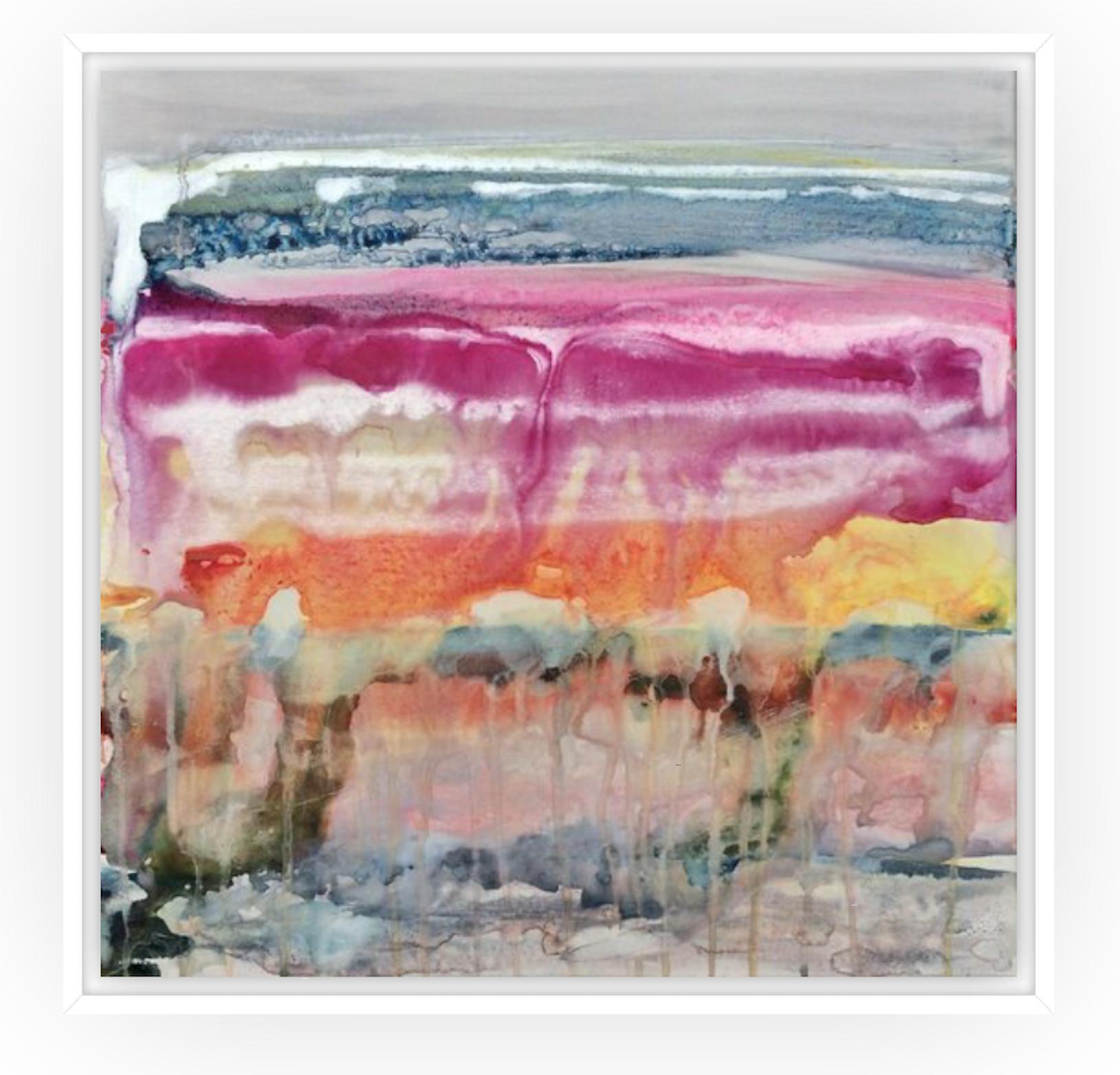 An abstract contemporary mixed media watercolor on canvas. This painting shows lots of thin colorful layers, giving it a dreamy but powerful atmosphere. The colors are partly handmixed and extra silver pigments add some special sparkle when hit by