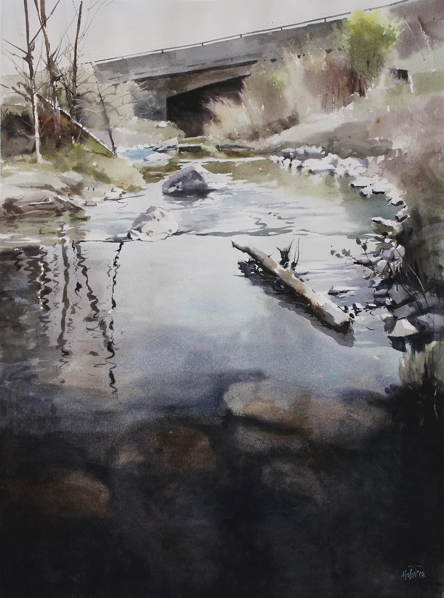 Under the bridge, Painting, Watercolor on Paper - Art by Helal Uddin