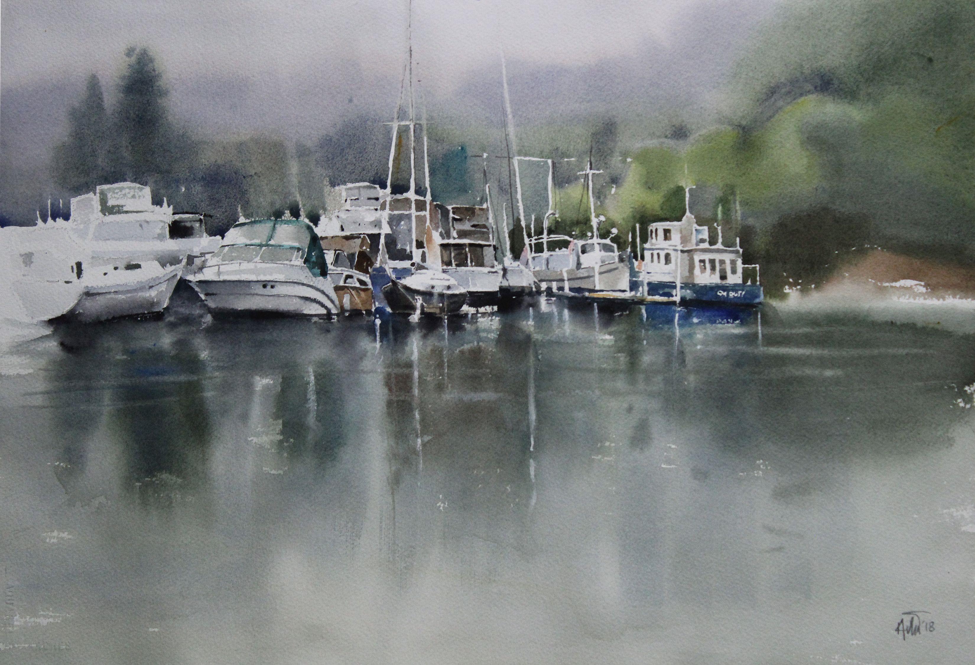 Lake_001, Painting, Watercolor on Paper - Art by Helal Uddin