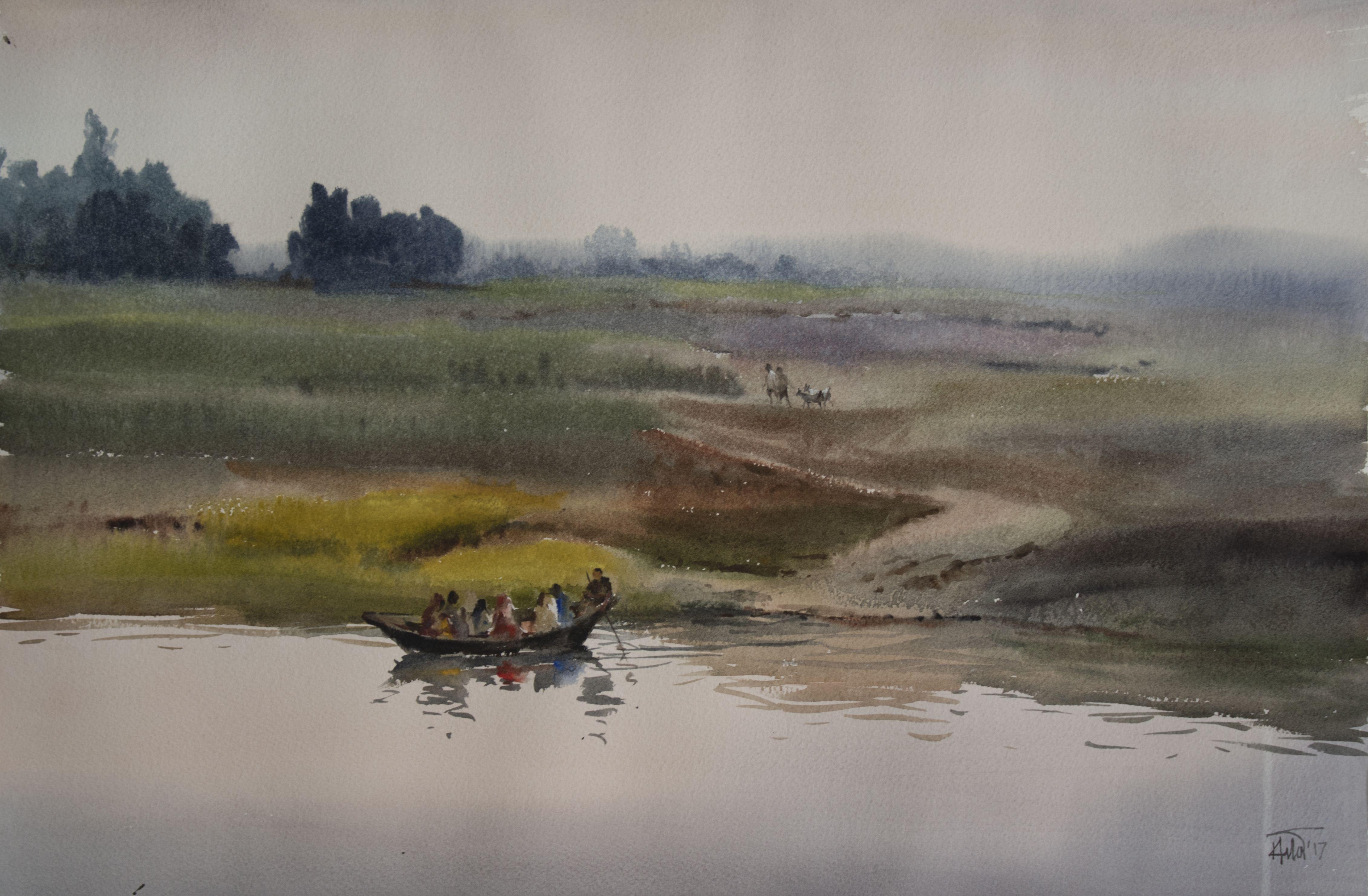 Village_01, peinture, aquarelle sur papier - Art de Helal Uddin