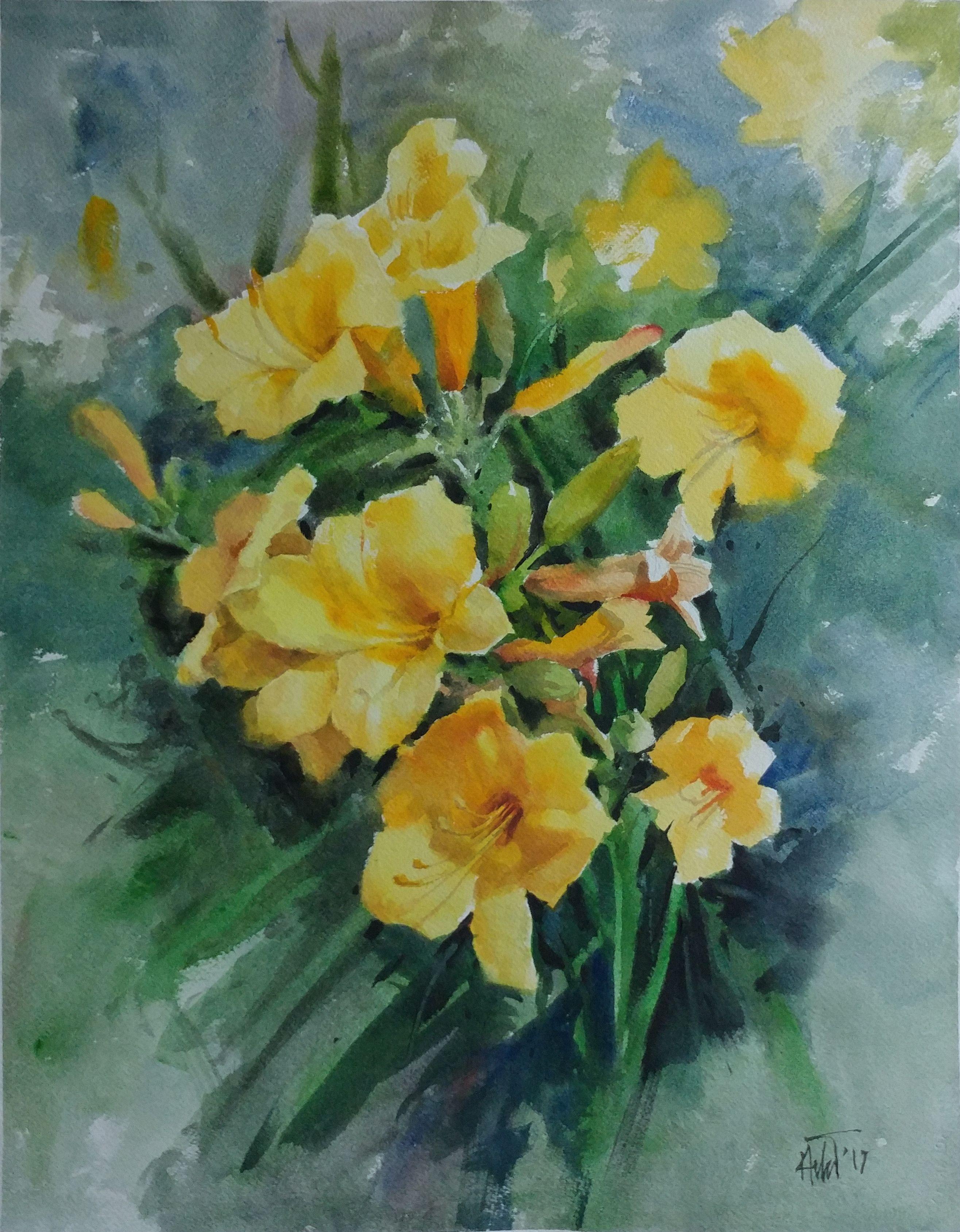 Blumenblumen 11, Gemälde, Aquarell auf Aquarellpapier – Art von Helal Uddin