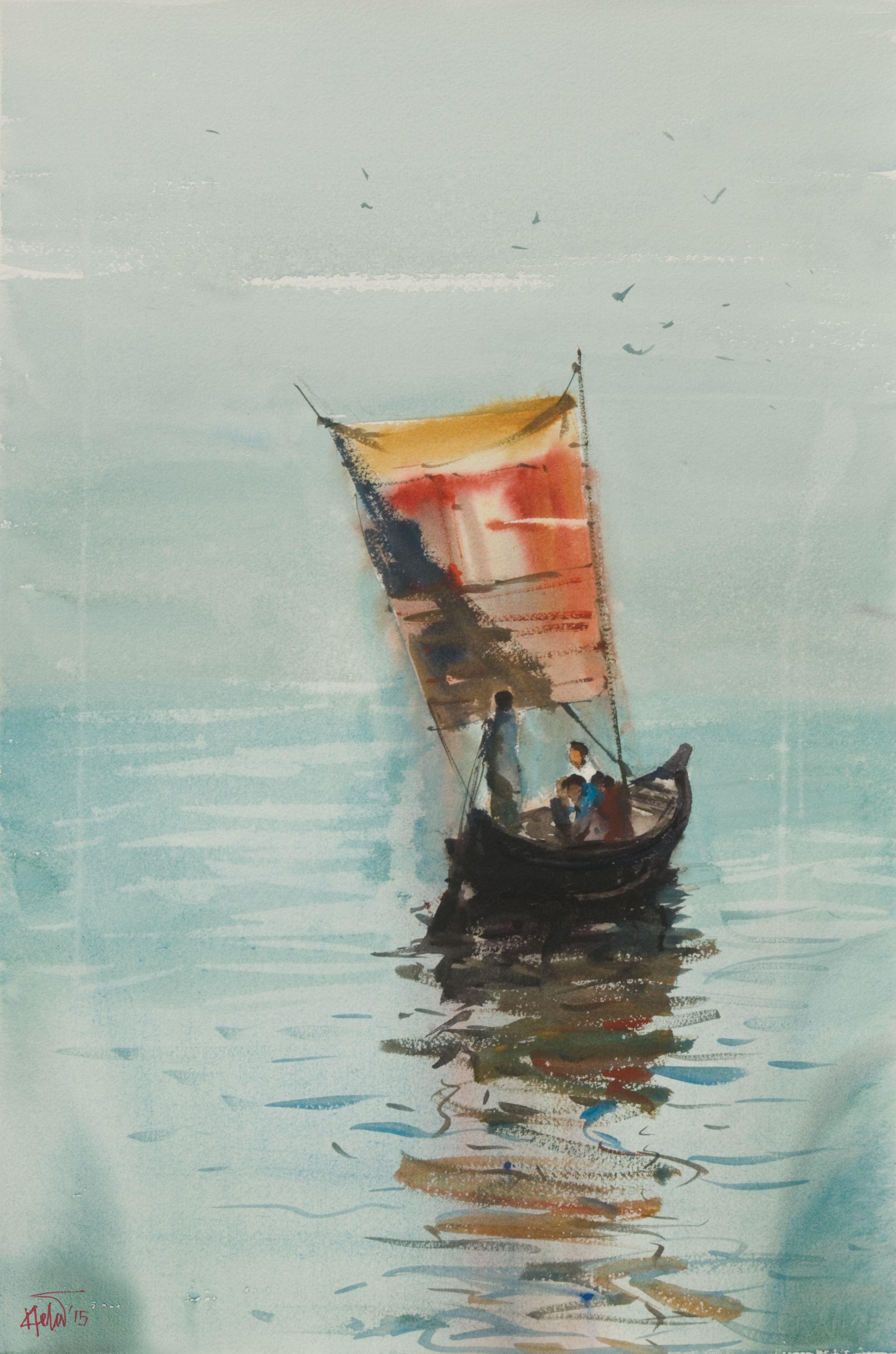 Boot, Gemälde, Aquarell auf Aquarellpapier – Art von Helal Uddin