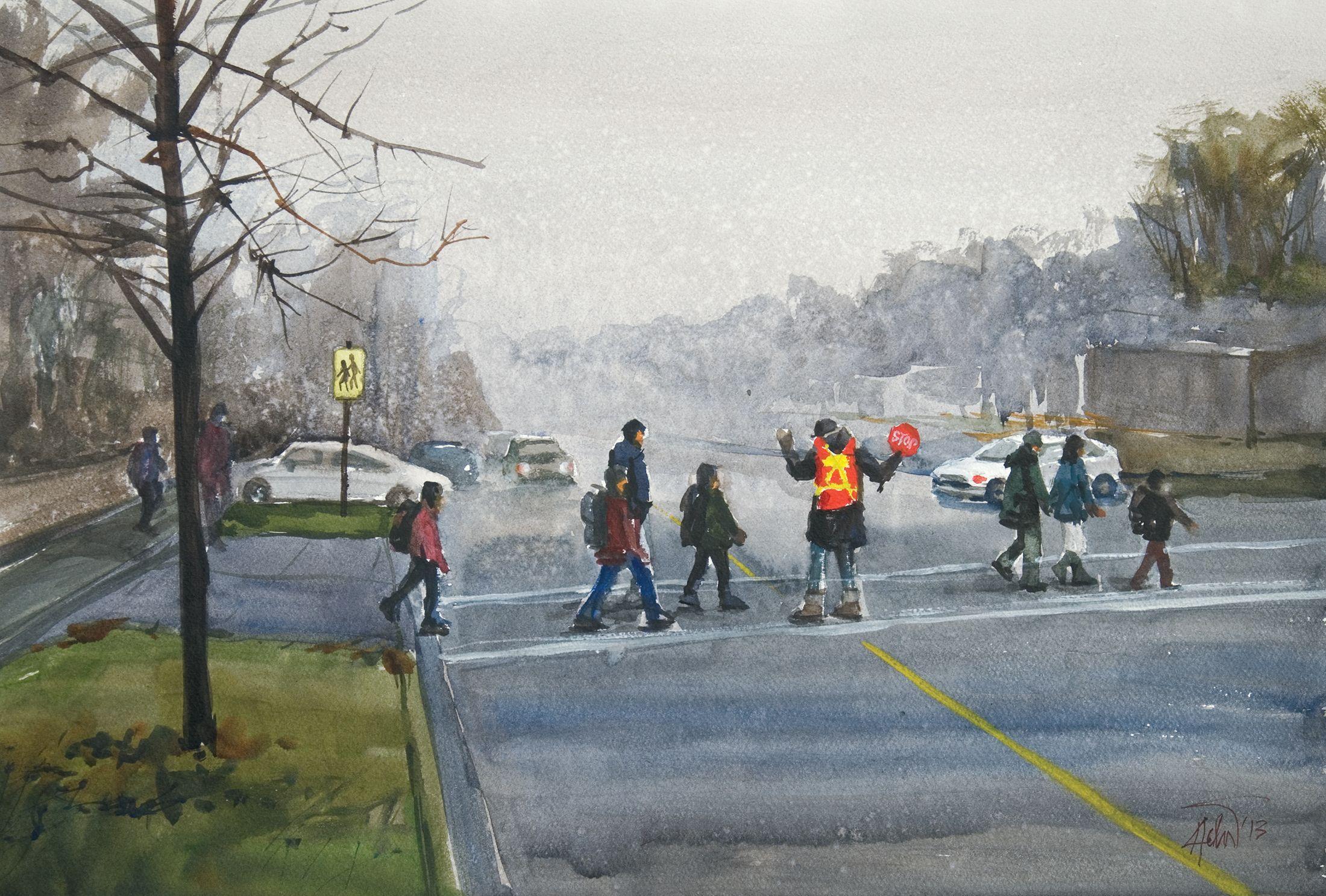 School Traffic, Toront, CA, Painting, Watercolor on Paper - Art by Helal Uddin