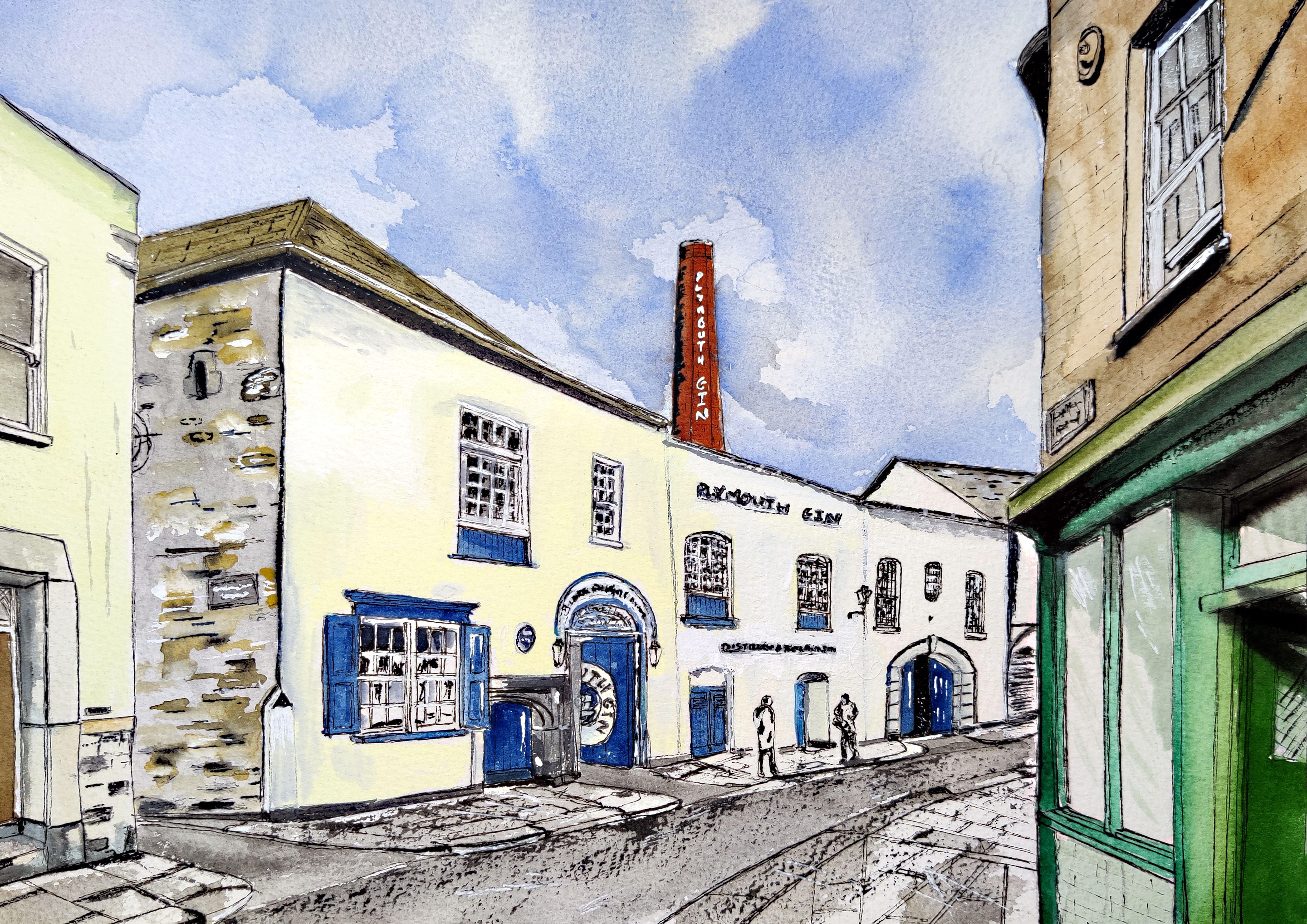 Plymouth Gin Distillery, das Barbican Plymouth, Gemälde, Aquarell auf Aquarellfarbe – Art von James Presley