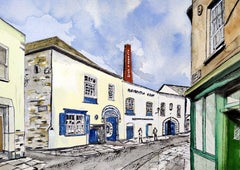 Plymouth Gin Distillery, das Barbican Plymouth, Gemälde, Aquarell auf Aquarellfarbe