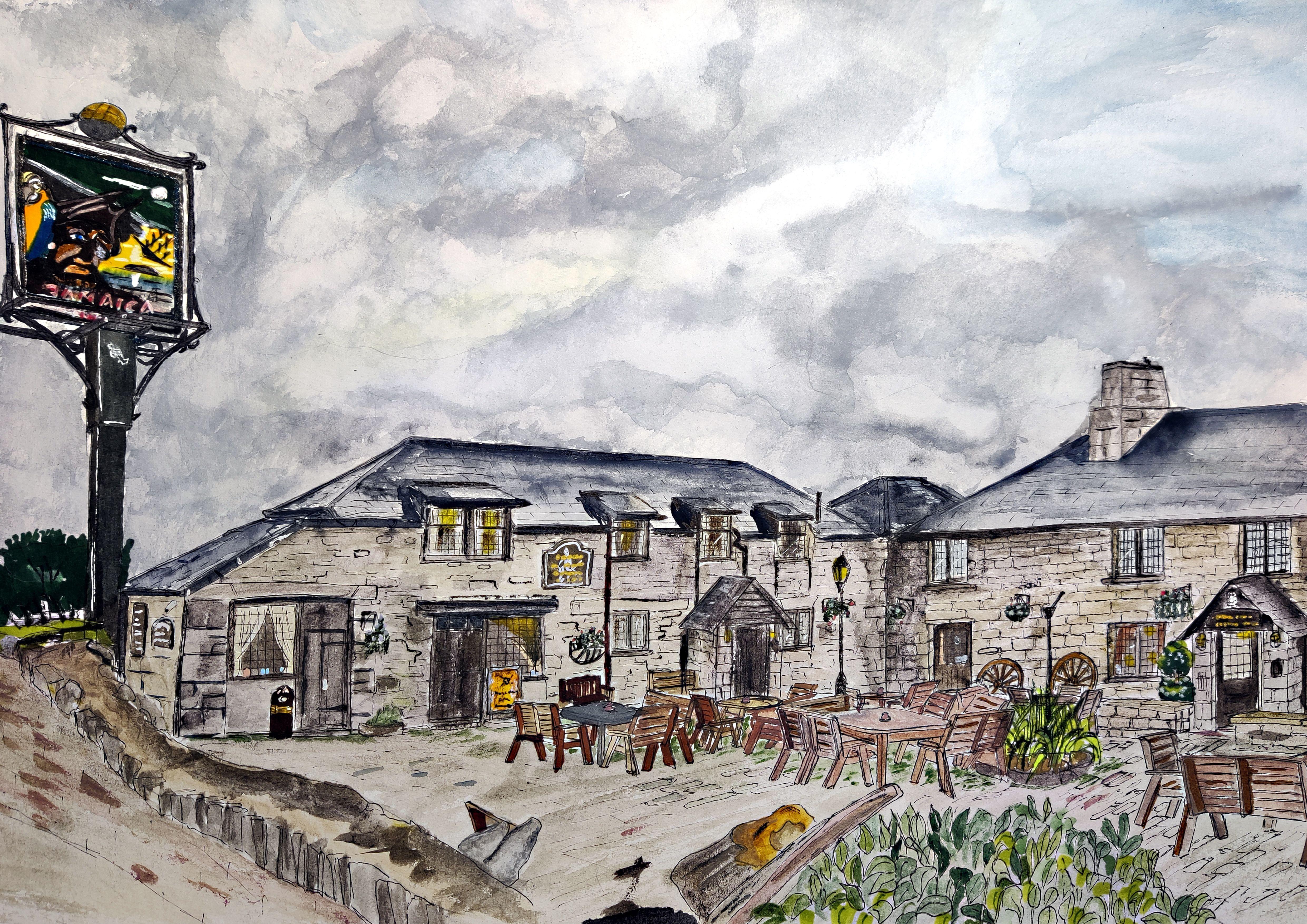 Jamaica Inn on Bodmin Moor, Cornovaglia, Pittura, Acquerello su carta Acquerello - Art di James Presley
