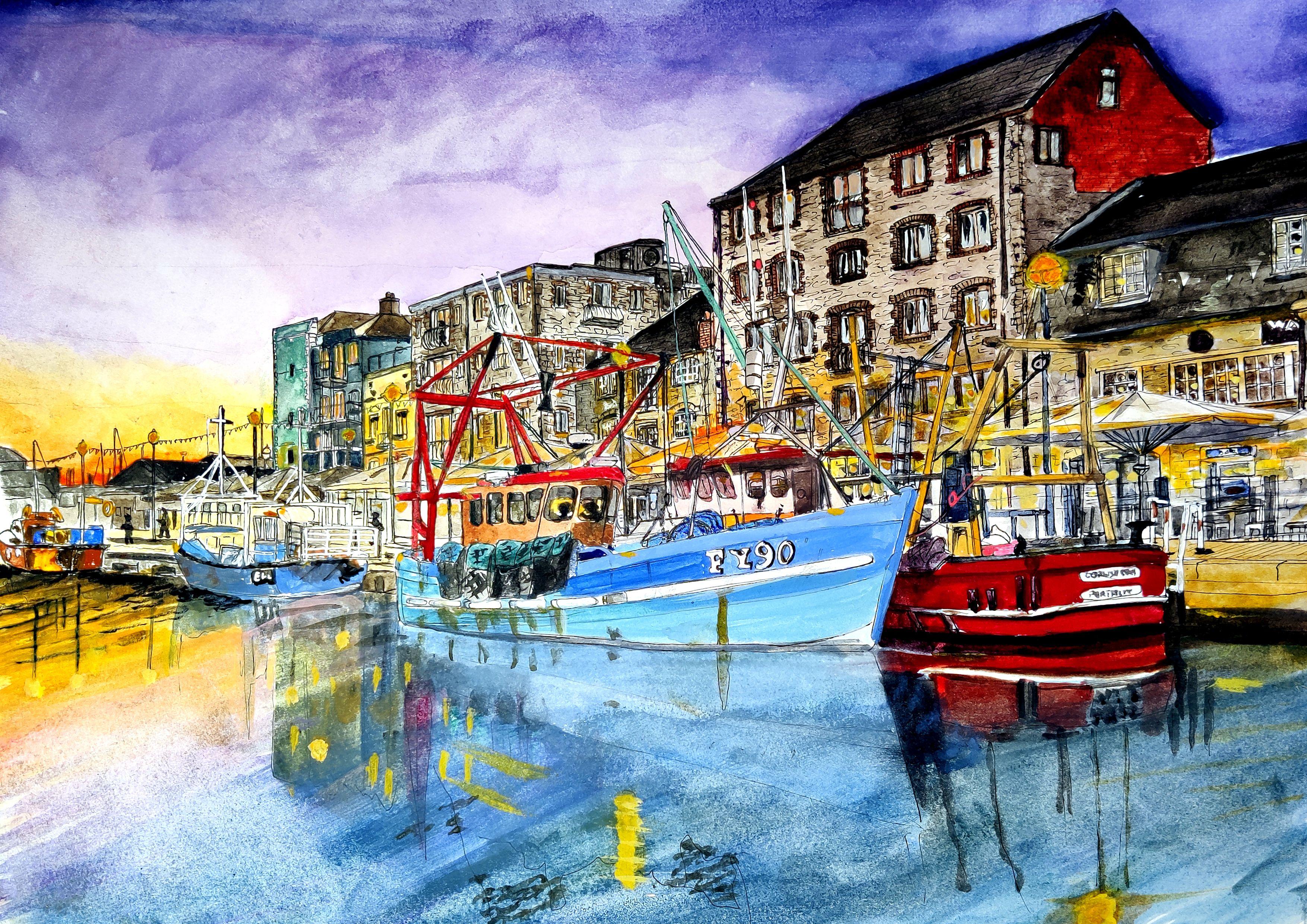 Sonnenuntergang auf dem Barbican in Plymouth, Gemälde, Aquarell auf Aquarellpapier – Art von James Presley