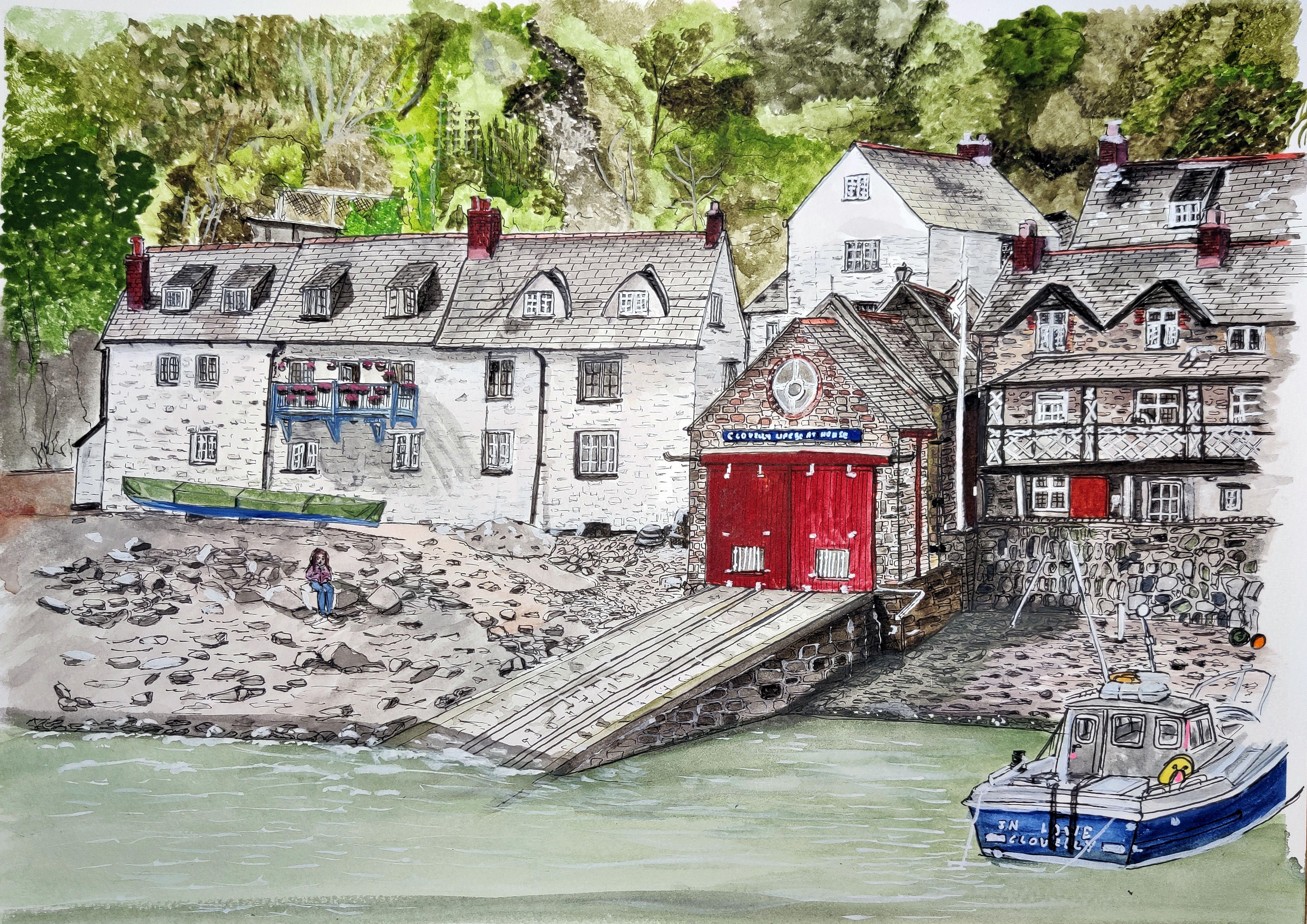 Girl on the Beach, Clovelly, North Devon, Painting, Watercolor on Watercolor Pap - Art by James Presley