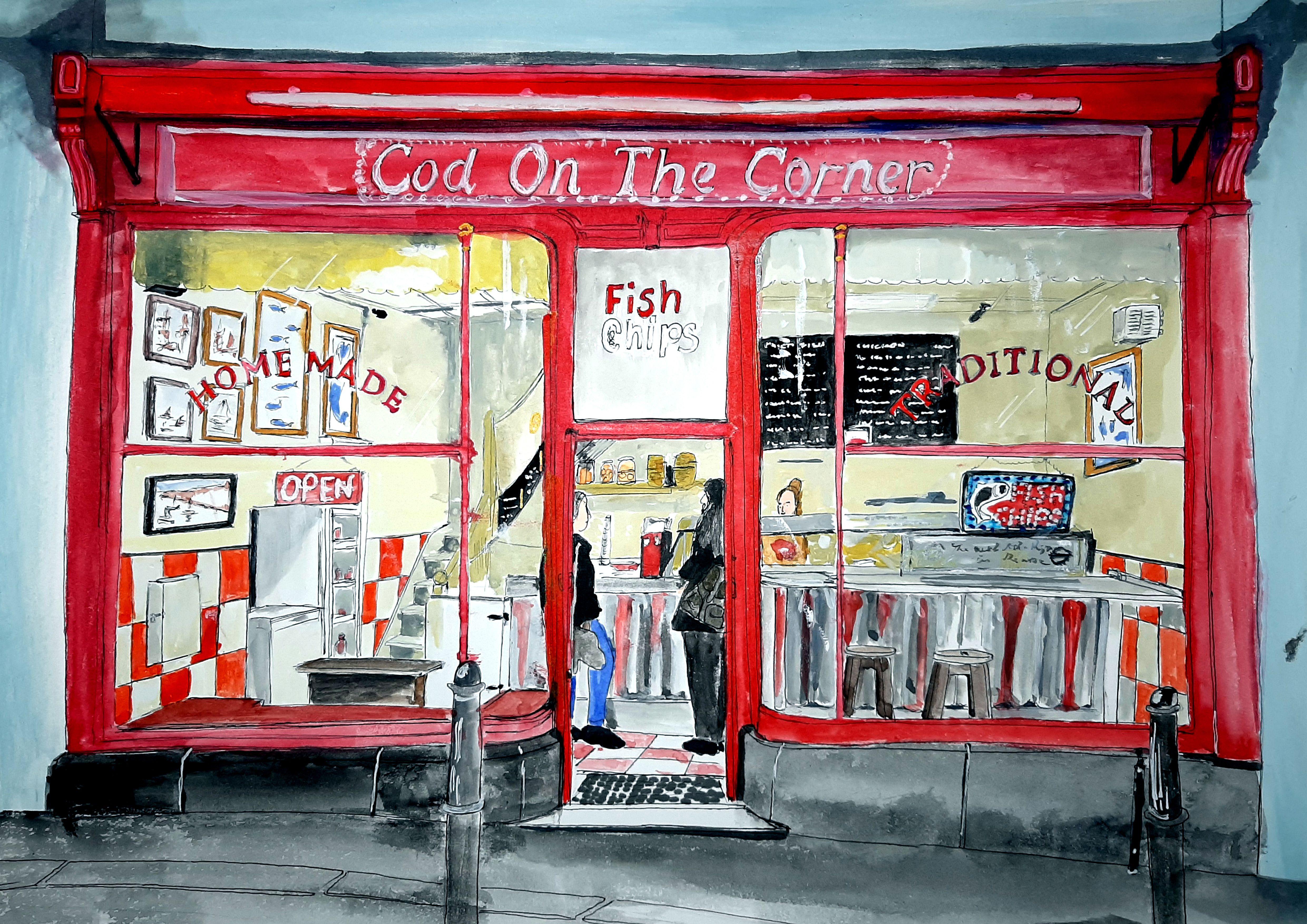 Falmouth Chippy, Cornovaglia, Pittura, Acquerello su carta acquerellata - Art di James Presley