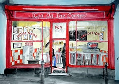 Falmouth Chippy, Cornouailles, peinture, aquarelle sur papier aquarelle