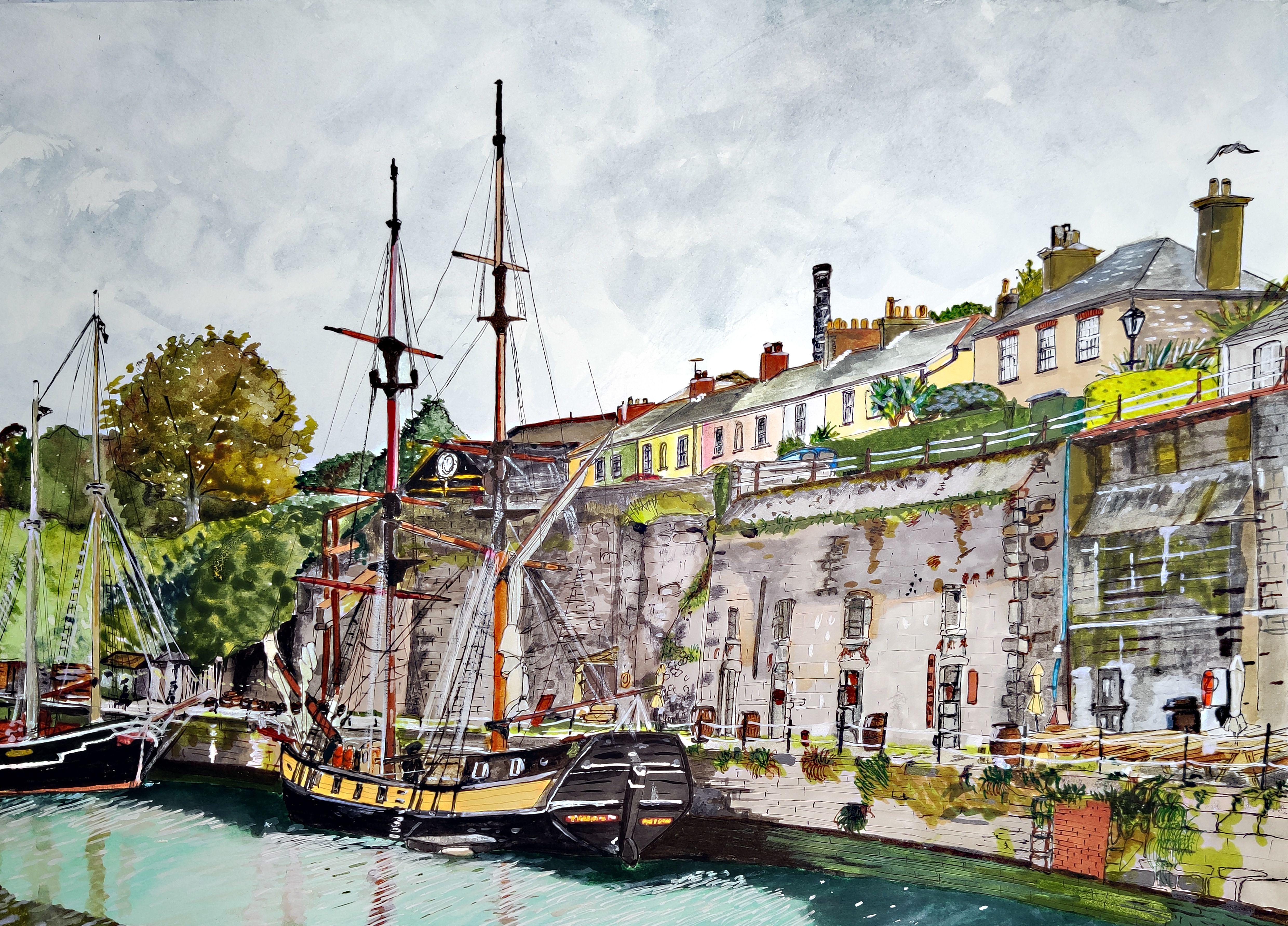 Peinture, aquarelle sur papier aquarelle de Charlestown Port, Cornouailles - Art de James Presley