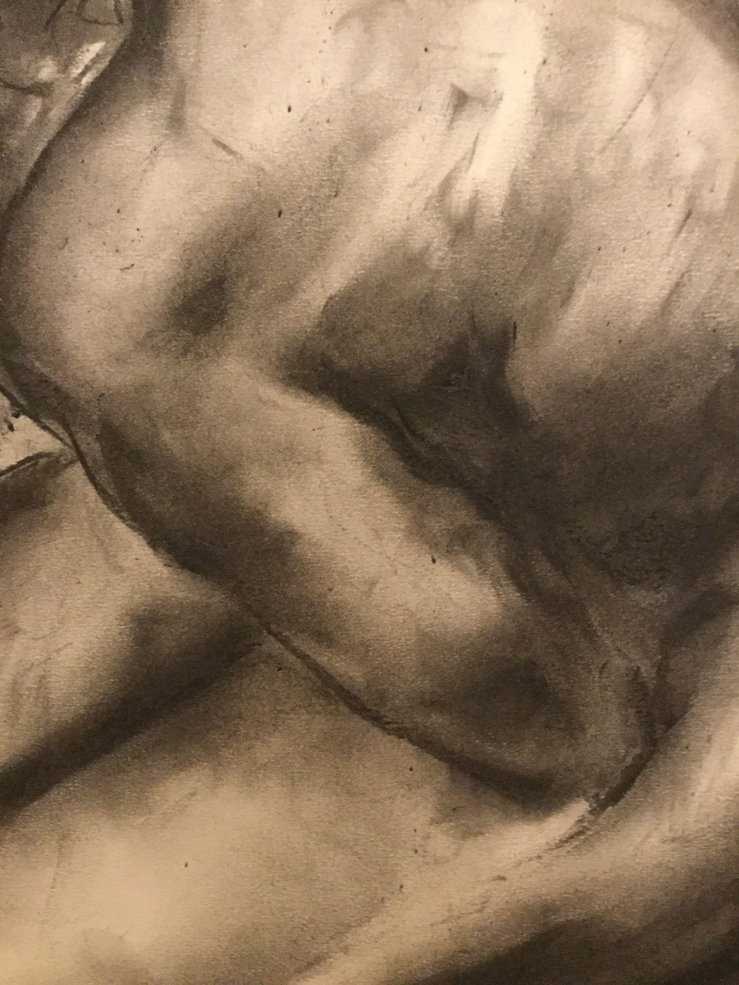 Original charcoal drawing on paper by James Shipton  My works are heavily influenced by the art work of Degas and Gustav Klimt.  My desire is to capture the beauty of the female human form, whilst portraying human isolation. I achieve this through a