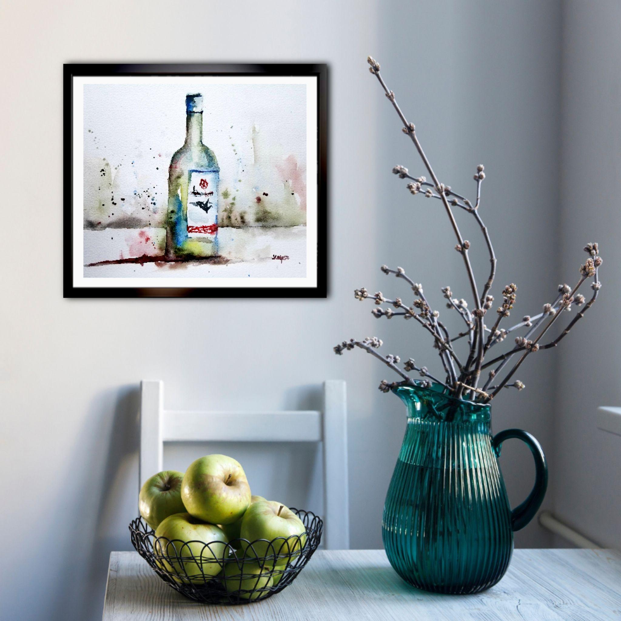 Wine Bottle, Painting, Watercolor on Watercolor Paper - Art by Jim Lagasse