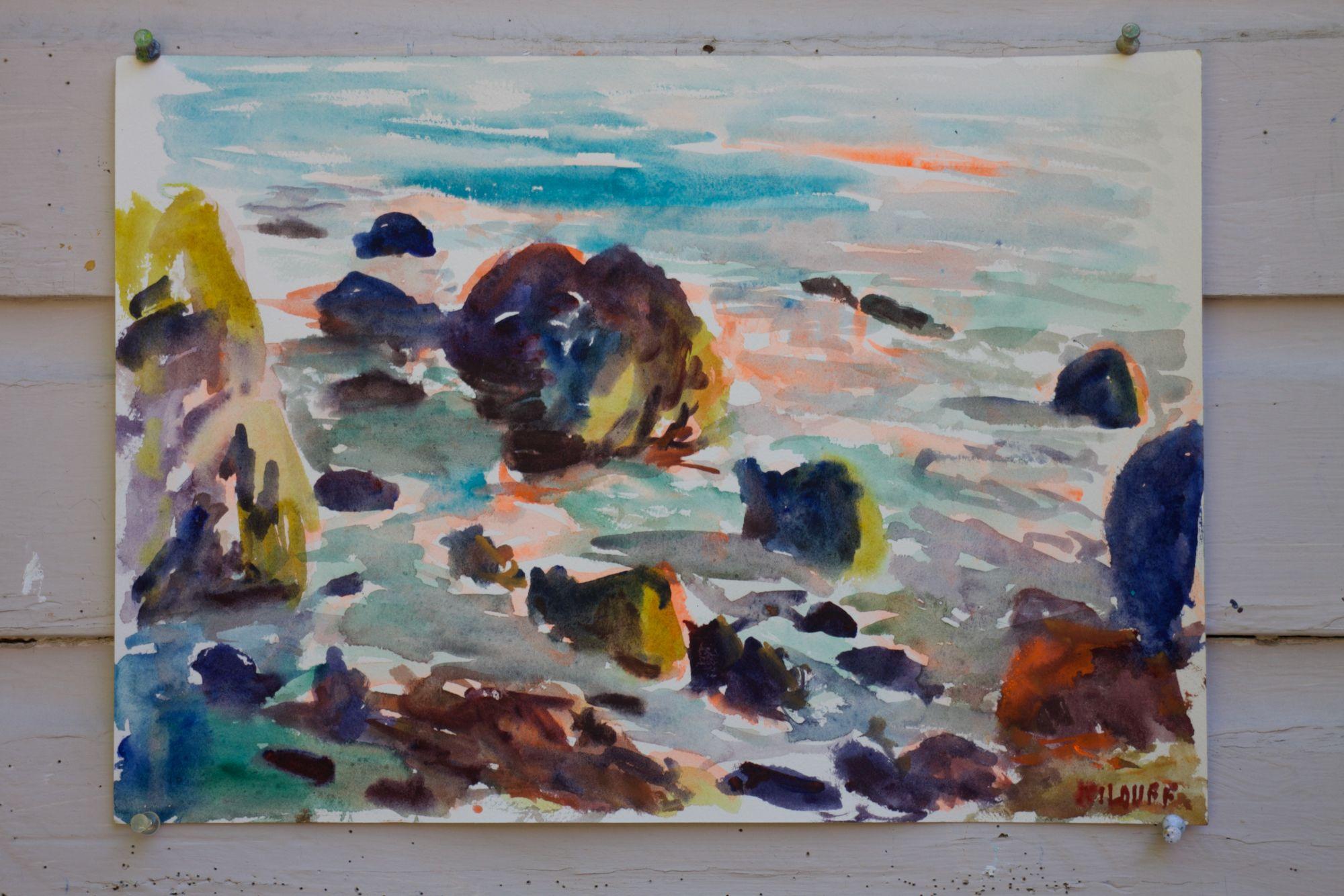 Malibu Rocks #2, peinture, aquarelle sur papier aquarelle - Impressionnisme Art par John Kilduff