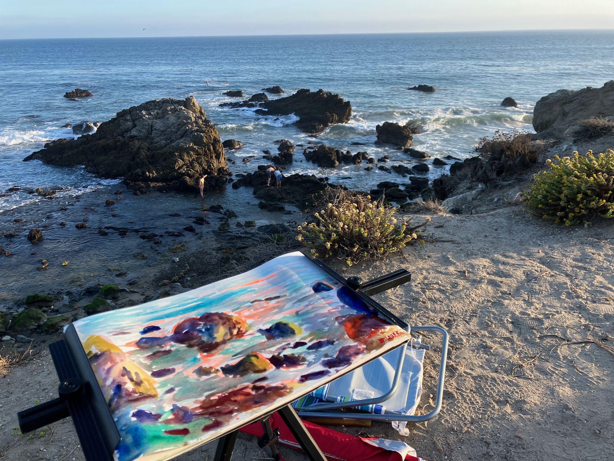 Plein air Aquarell des Meeres am Leo Carrillo State Beach in Malibu, Kalifornien :: Gemälde :: Impressionist :: Dieses Werk wird mit einem offiziellen, vom Künstler unterzeichneten Echtheitszertifikat geliefert :: Bereit zum Aufhängen: Nein ::