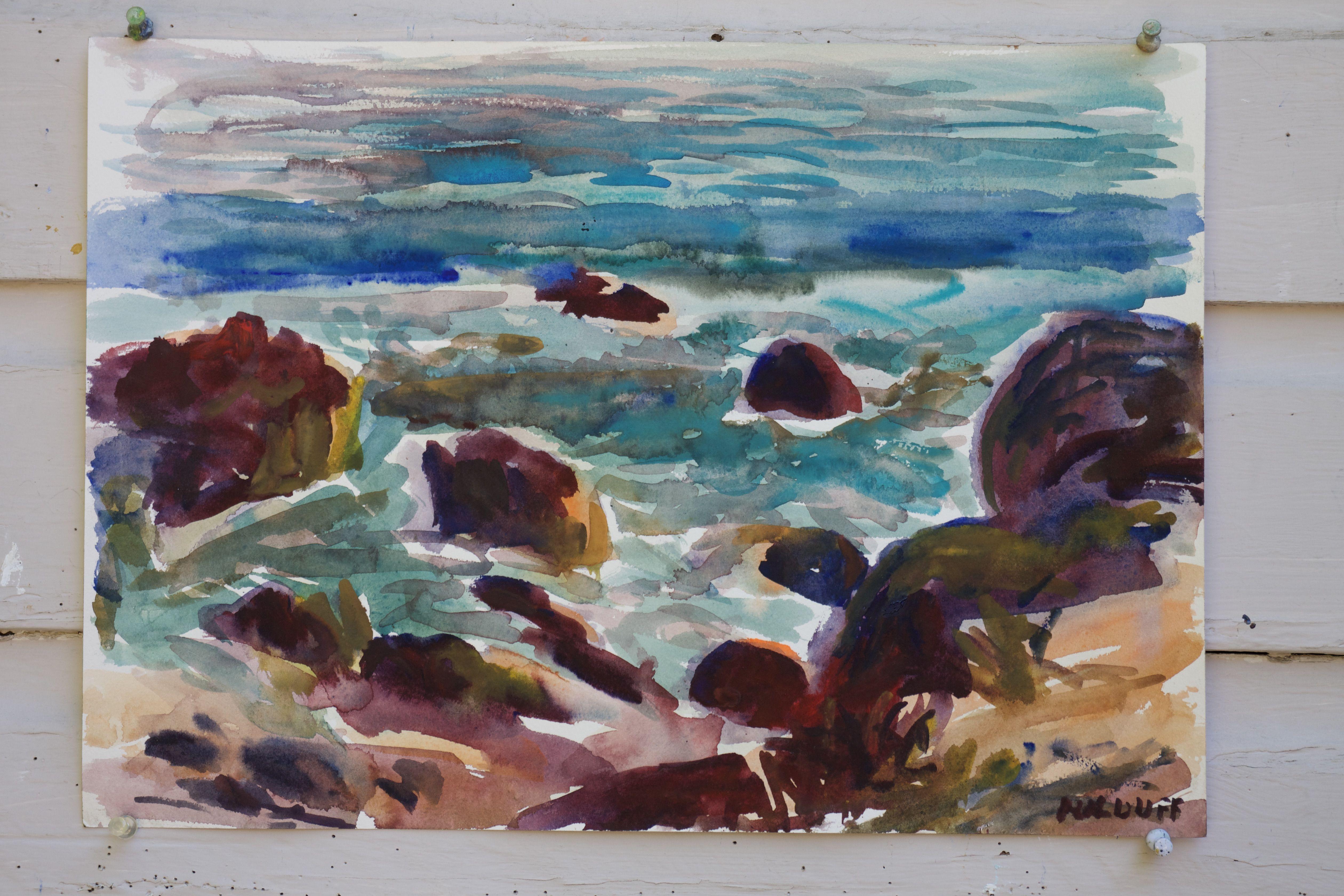Les roches de Malibu n°1, peinture, aquarelle sur papier aquarelle - Impressionnisme Art par John Kilduff