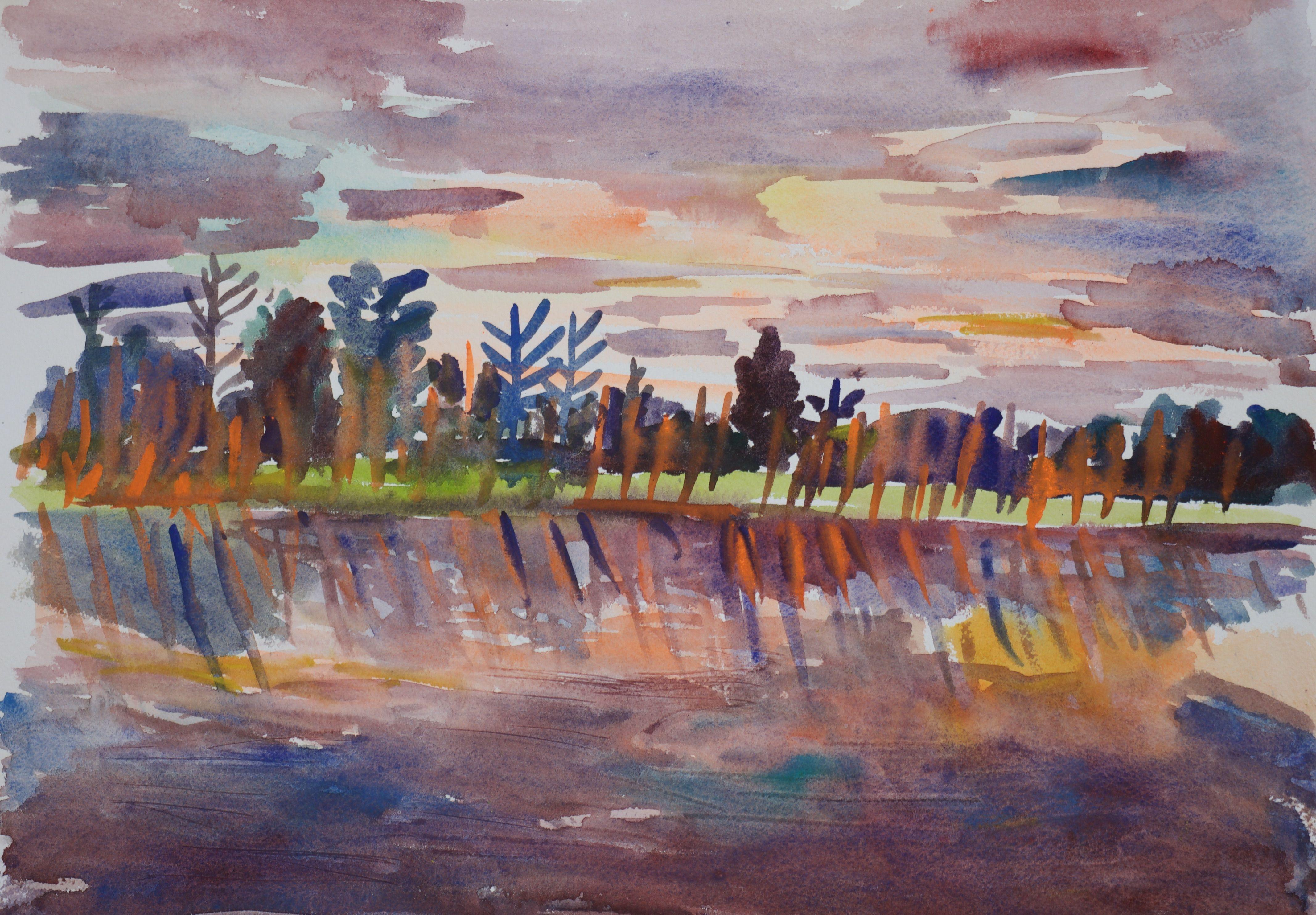 Ox-Bow Sonnenuntergang, Gemälde, Aquarell auf Aquarellpapier – Art von John Kilduff