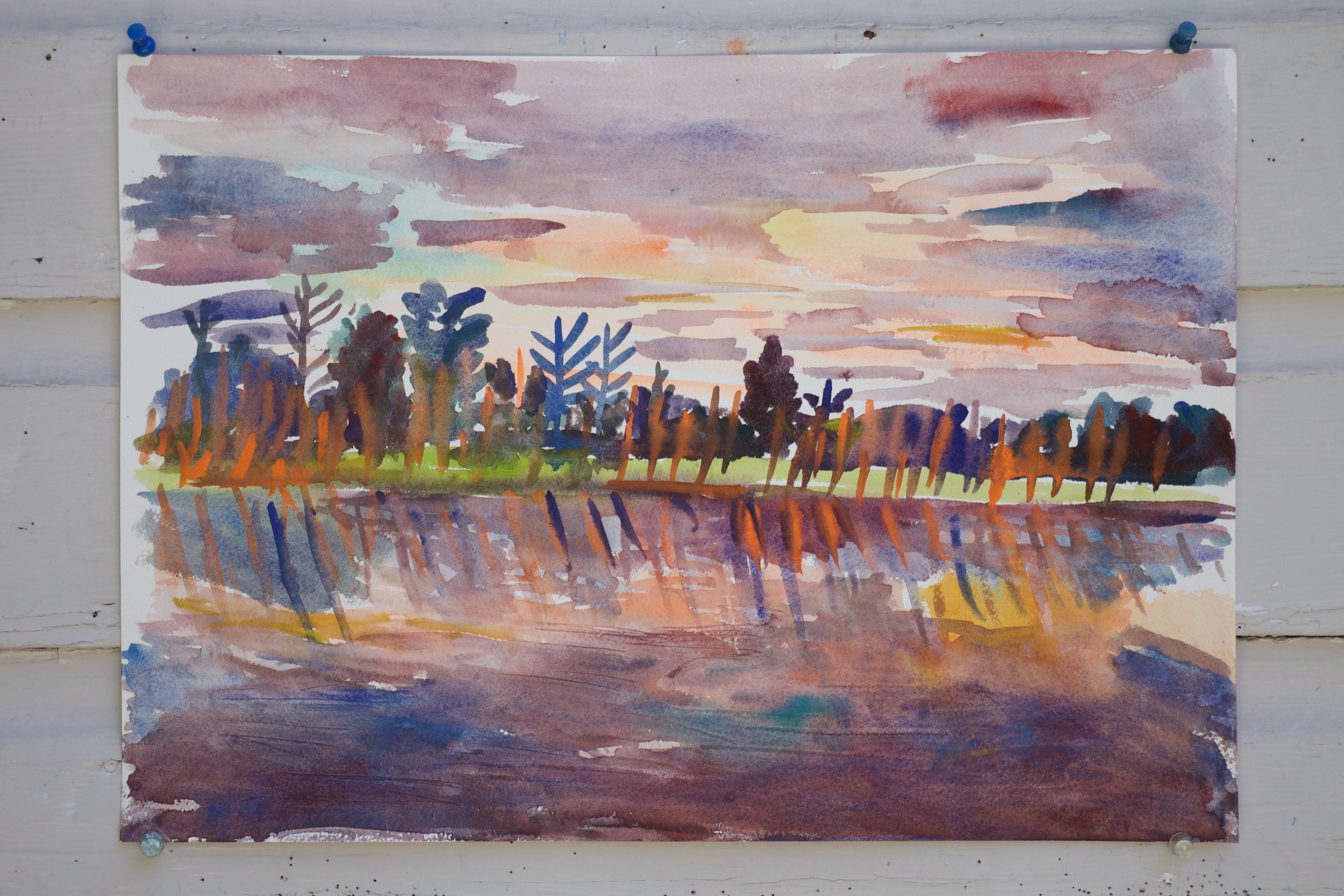 Ox-Bow Sonnenuntergang, Gemälde, Aquarell auf Aquarellpapier (Impressionismus), Art, von John Kilduff