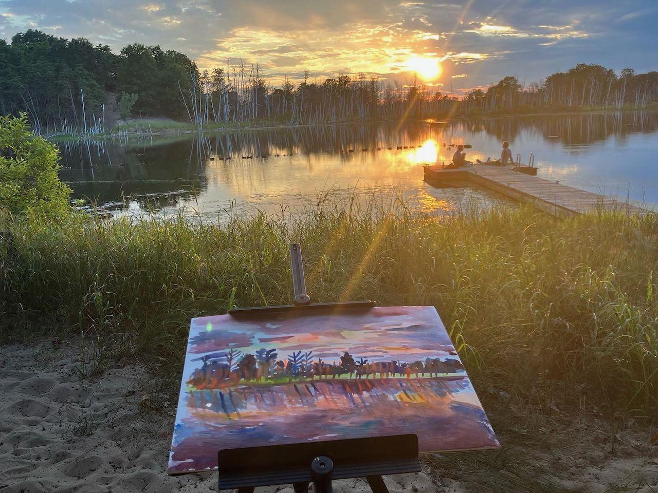Plein air watercolor of the sun setting from Ox-bow in Saugatuck, Michigan. :: Painting :: Impressionist :: This piece comes with an official certificate of authenticity signed by the artist :: Ready to Hang: No :: Signed: Yes :: Signature Location:
