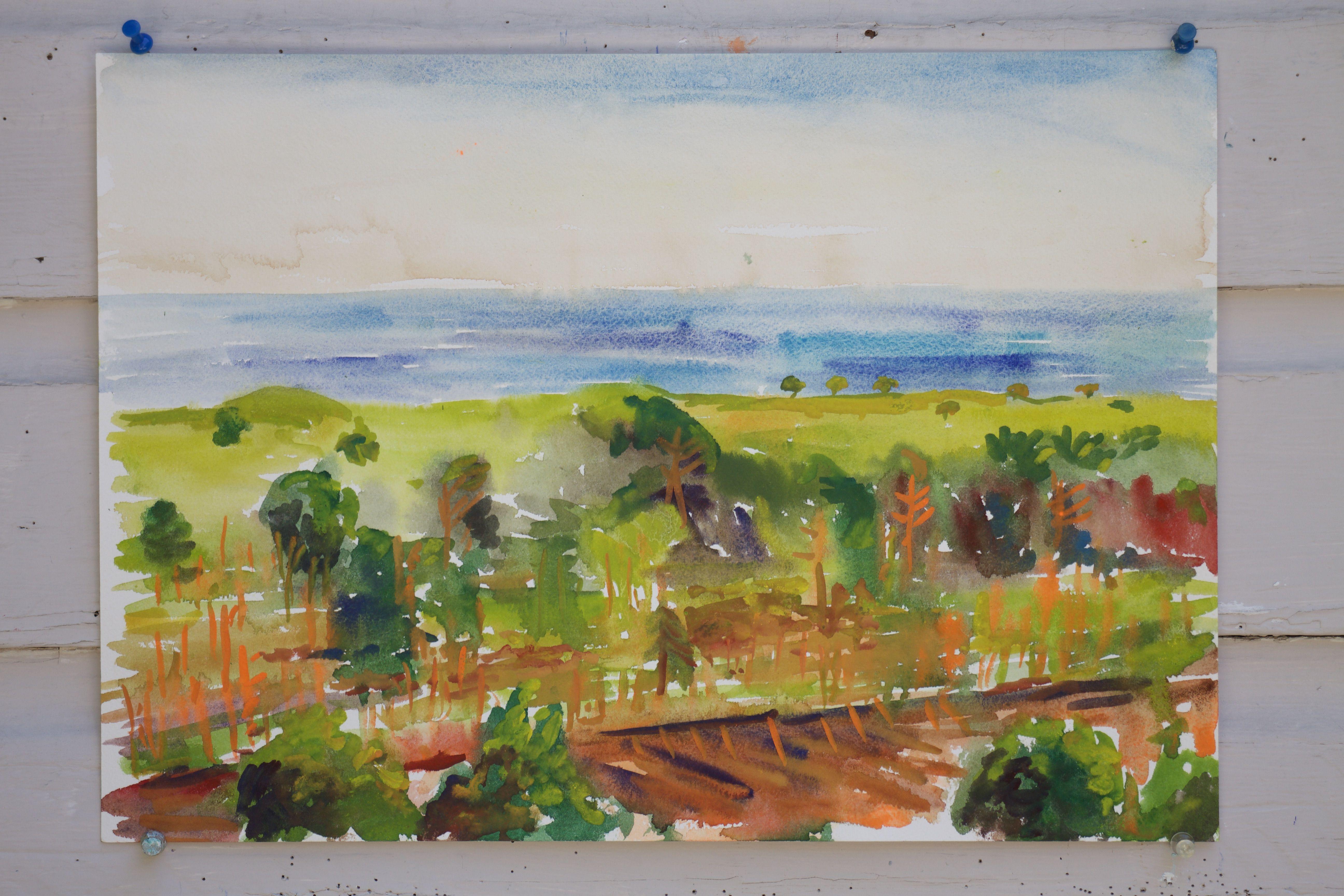 Plein air watercolor overlooking Lake Michigan from the Crow's Nest in Saugatuck, MI. :: Painting :: Impressionist :: This piece comes with an official certificate of authenticity signed by the artist :: Ready to Hang: No :: Signed: Yes :: Signature