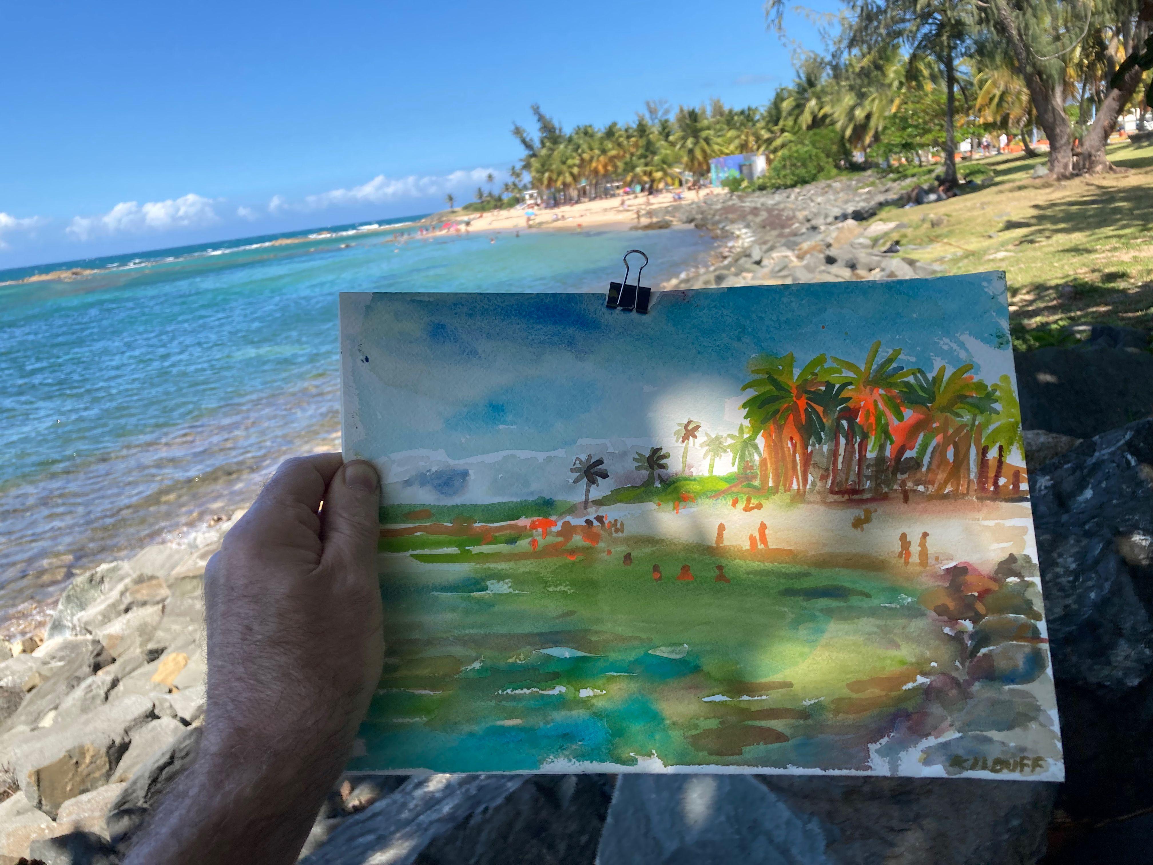 Pleinair-Aquarell vom Strand El Escambron in San Juan, Puerto Rico :: Gemälde :: Impressionist :: Dieses Werk wird mit einem offiziellen, vom Künstler unterzeichneten Echtheitszertifikat geliefert :: Bereit zum Aufhängen: Nein :: Signiert: Ja :: Ort