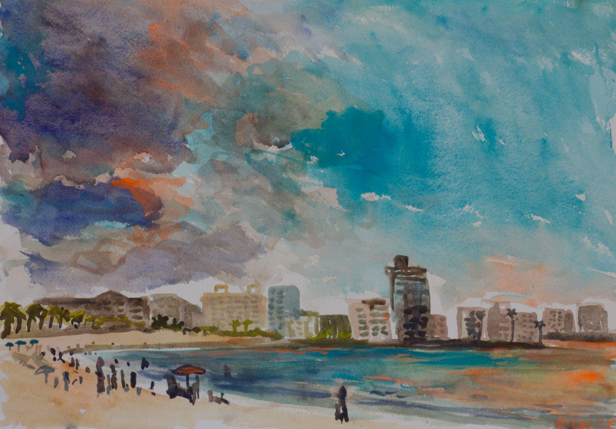 Carolina Beach, San Juan, P.R., Gemälde, Aquarell auf Papier – Art von John Kilduff