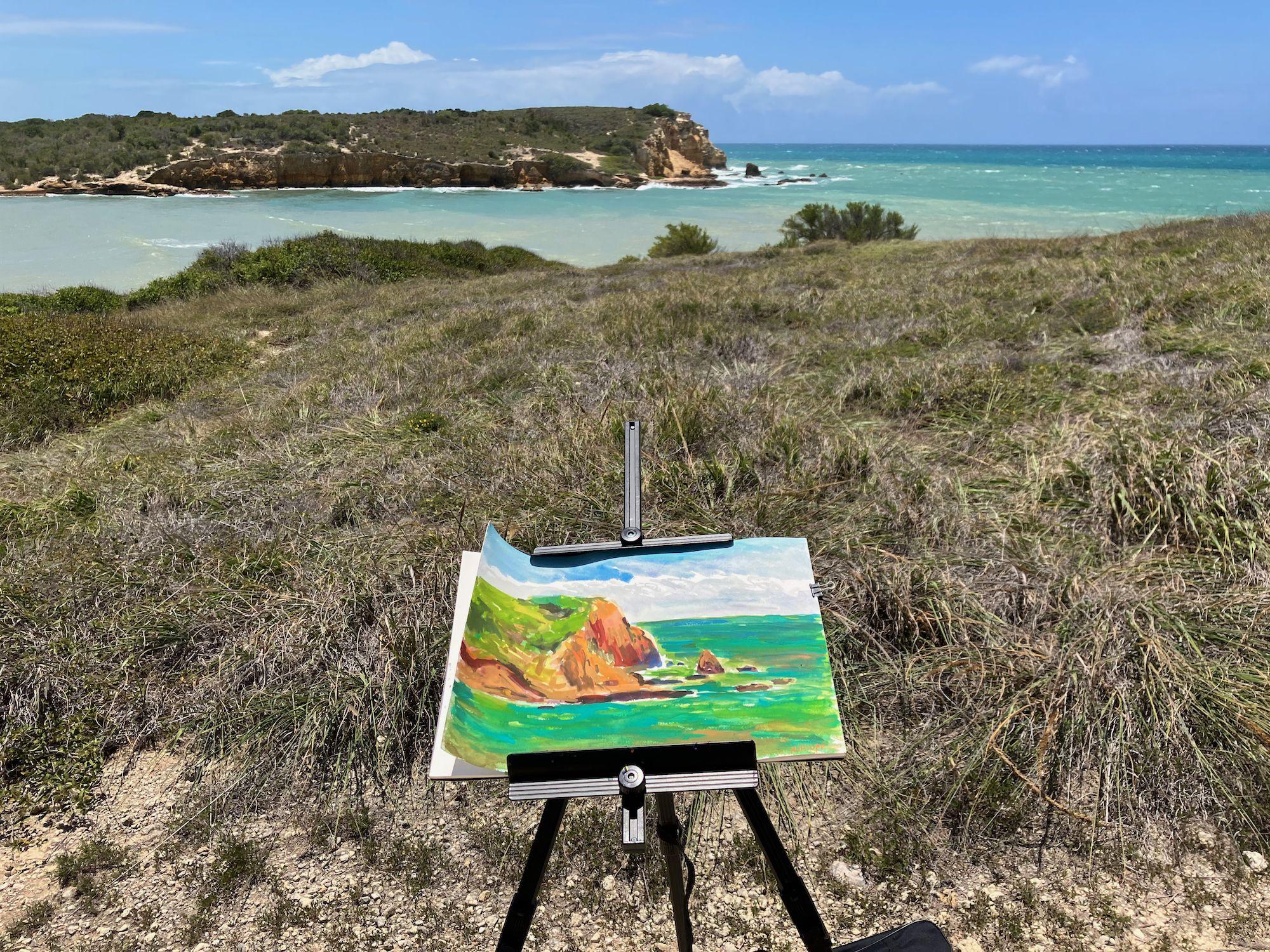 Plein air watercolor of cliffs and the Ocean in Cabo Rojo, Puerto Rico. :: Painting :: Impressionist :: This piece comes with an official certificate of authenticity signed by the artist :: Ready to Hang: No :: Signed: Yes :: Signature Location: on