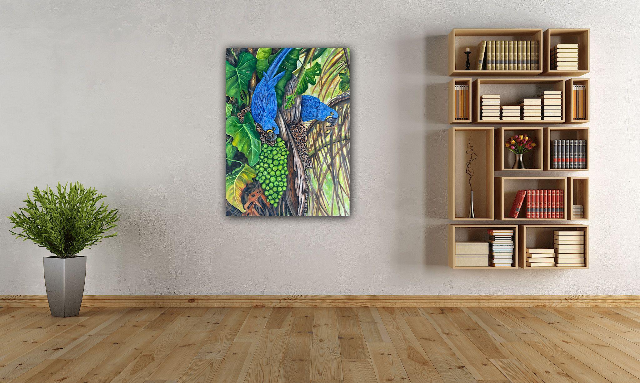 Hyacinth Macaws, Painting, Watercolor on Canvas For Sale 1