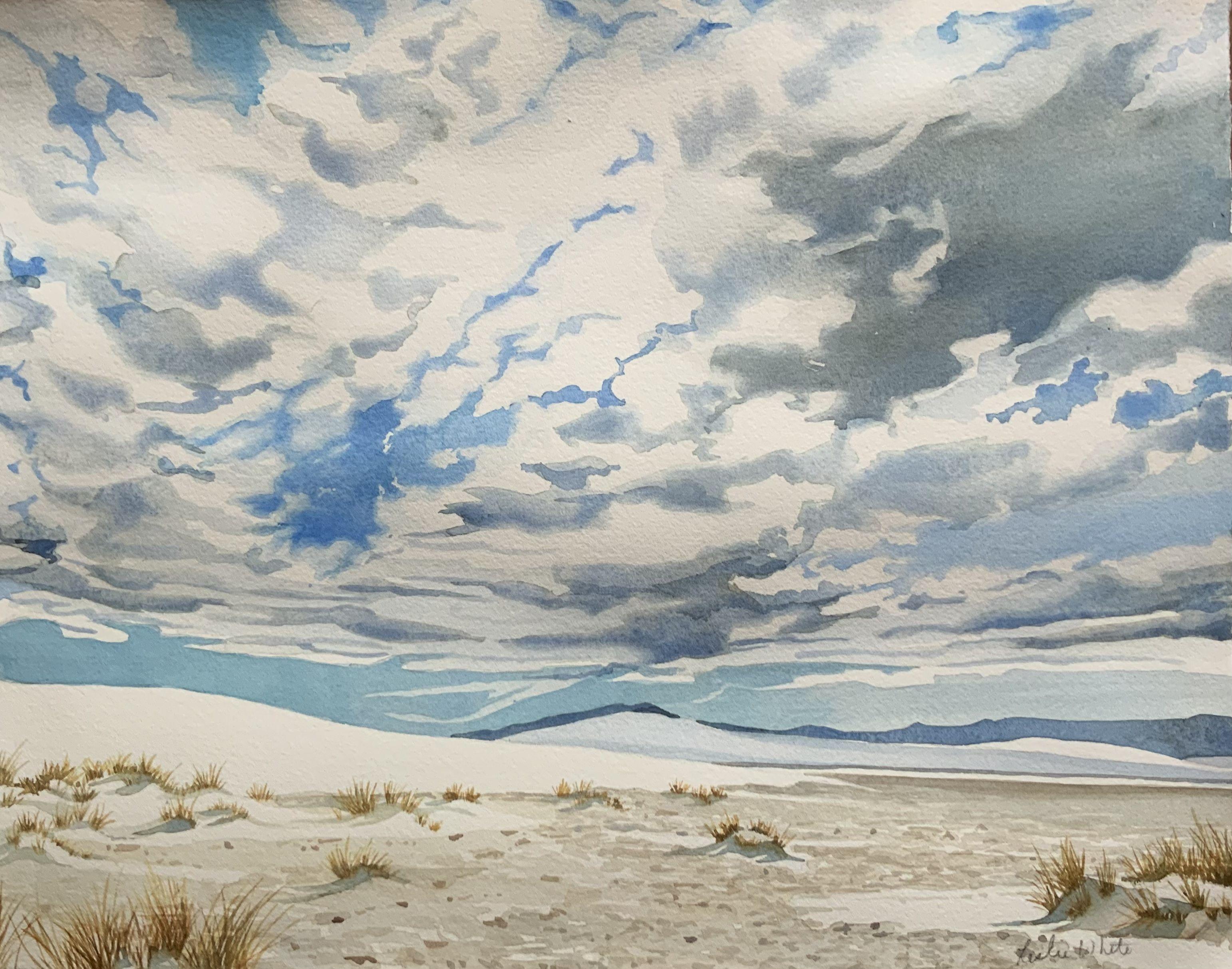 Ombres au-dessus de sables blancs, peinture, aquarelle sur papier aquarelle - Art de Leslie White