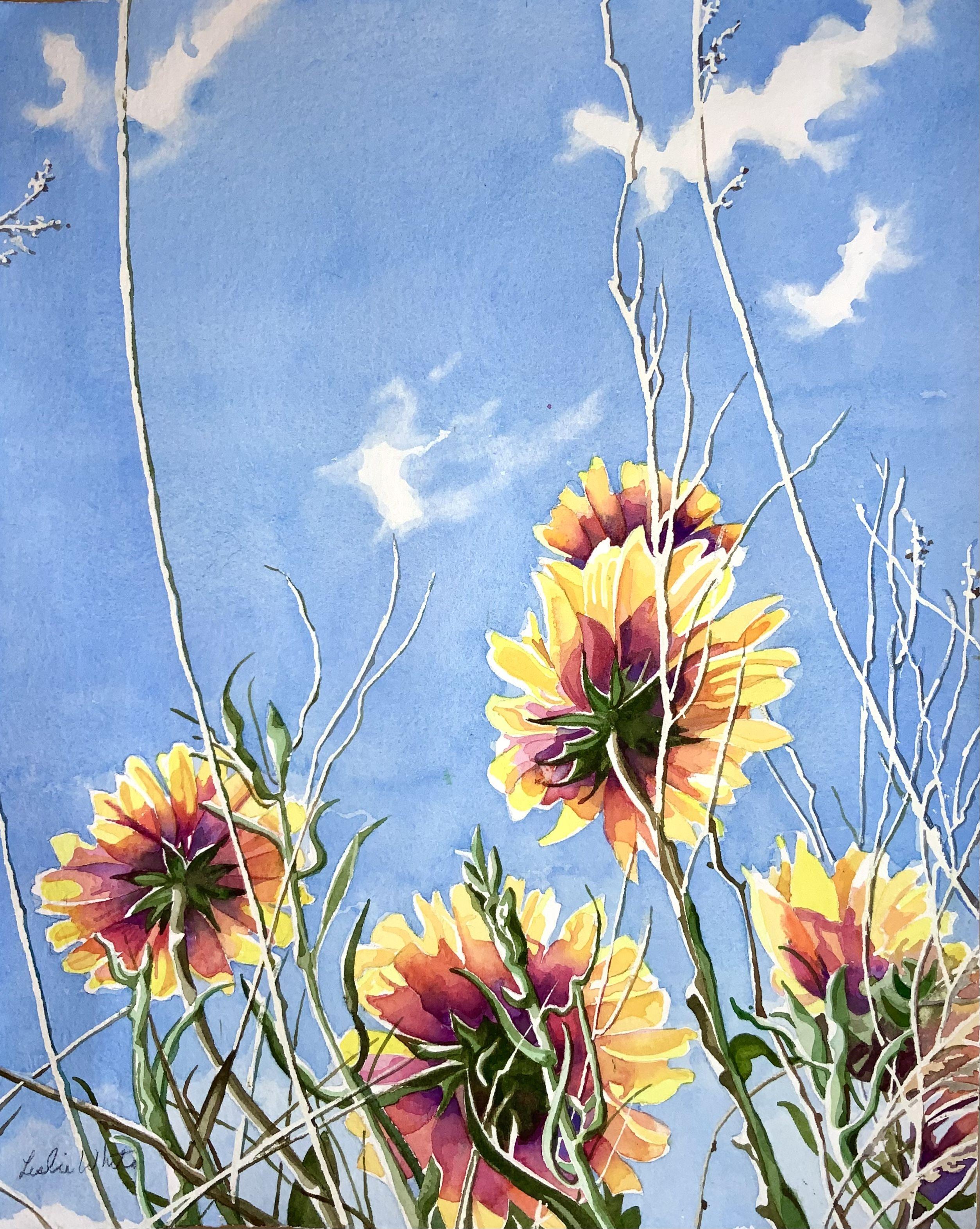 Wildflowers Reaching for the Clouds, Painting, Watercolor on Watercolor Paper - Art by Leslie White