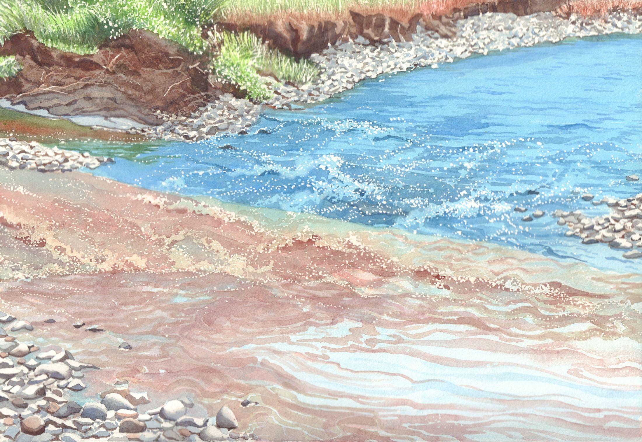 Confluence of Lamar River and Soda Butte Creek, Painting, Watercolor on Watercol - Art by Leslie White