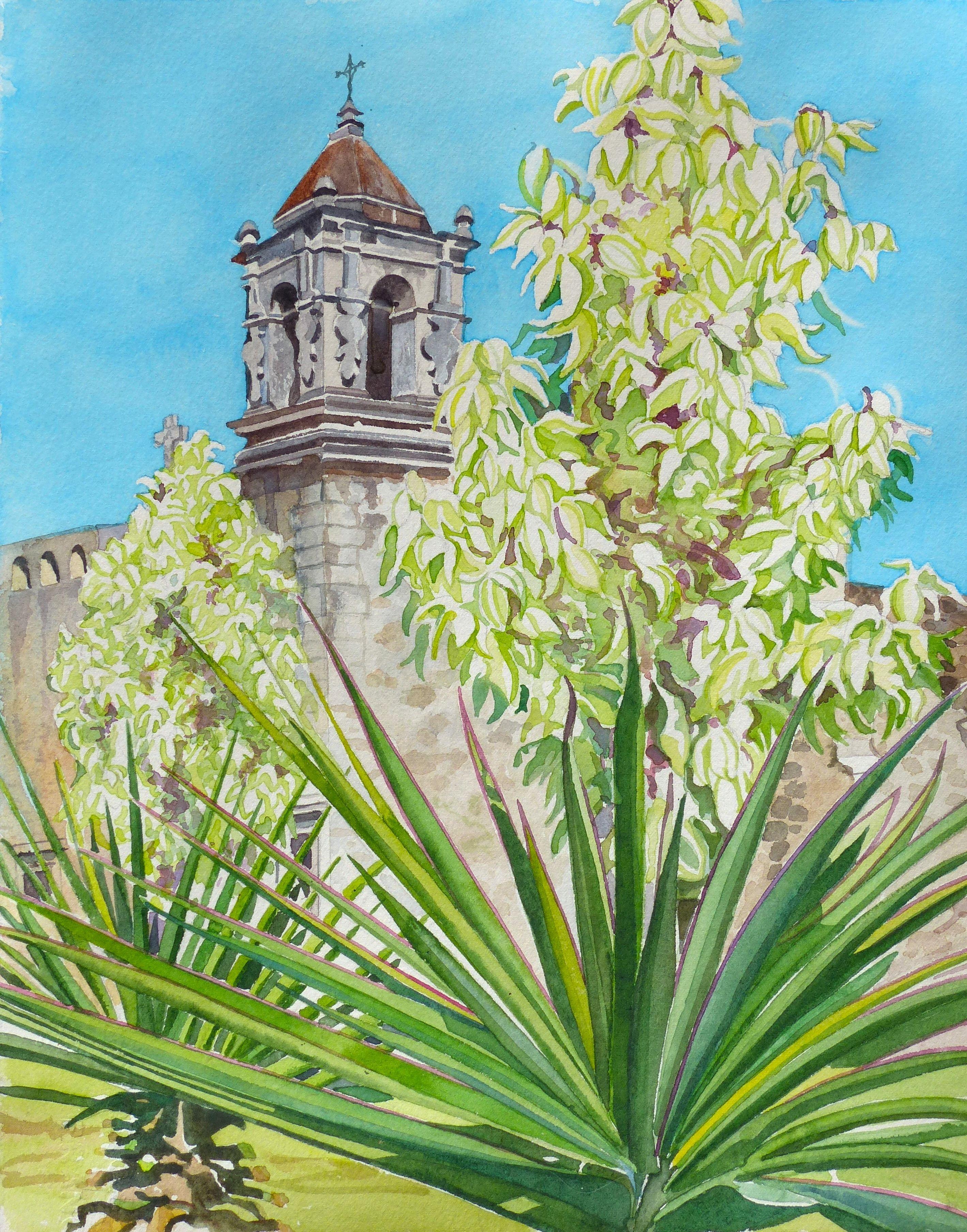 San Antonio Mission San Jose, peinture, aquarelle sur papier aquarelle - Art de Leslie White