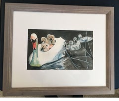 Swan and Cygnets, Painting, Watercolor on Watercolor Paper