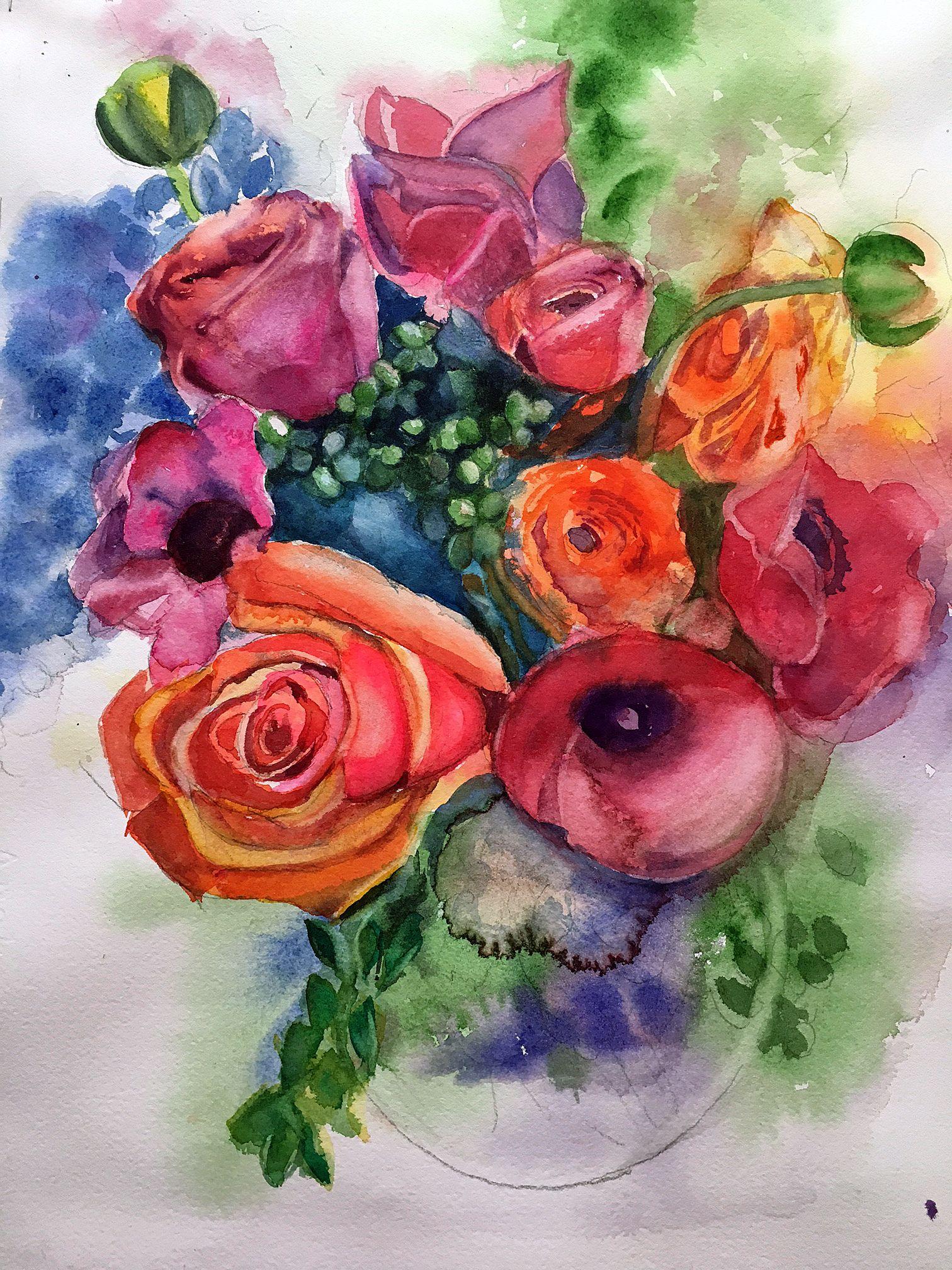Fantasie-Blumen, Gemälde, Aquarell auf Papier – Art von Lynne Atwood